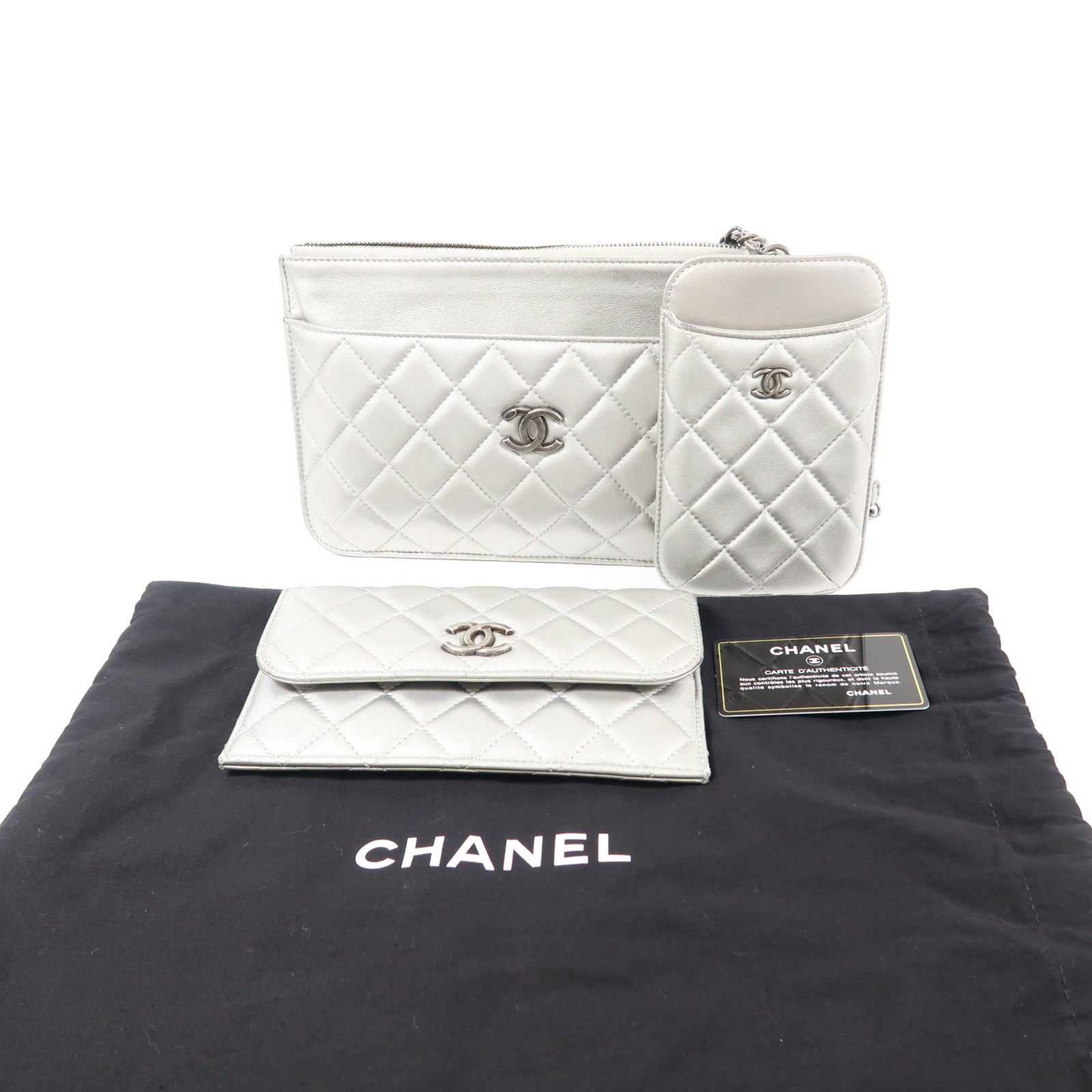 CHANEL CC Chain Shoulder Bag Lambskin Leather Silver
