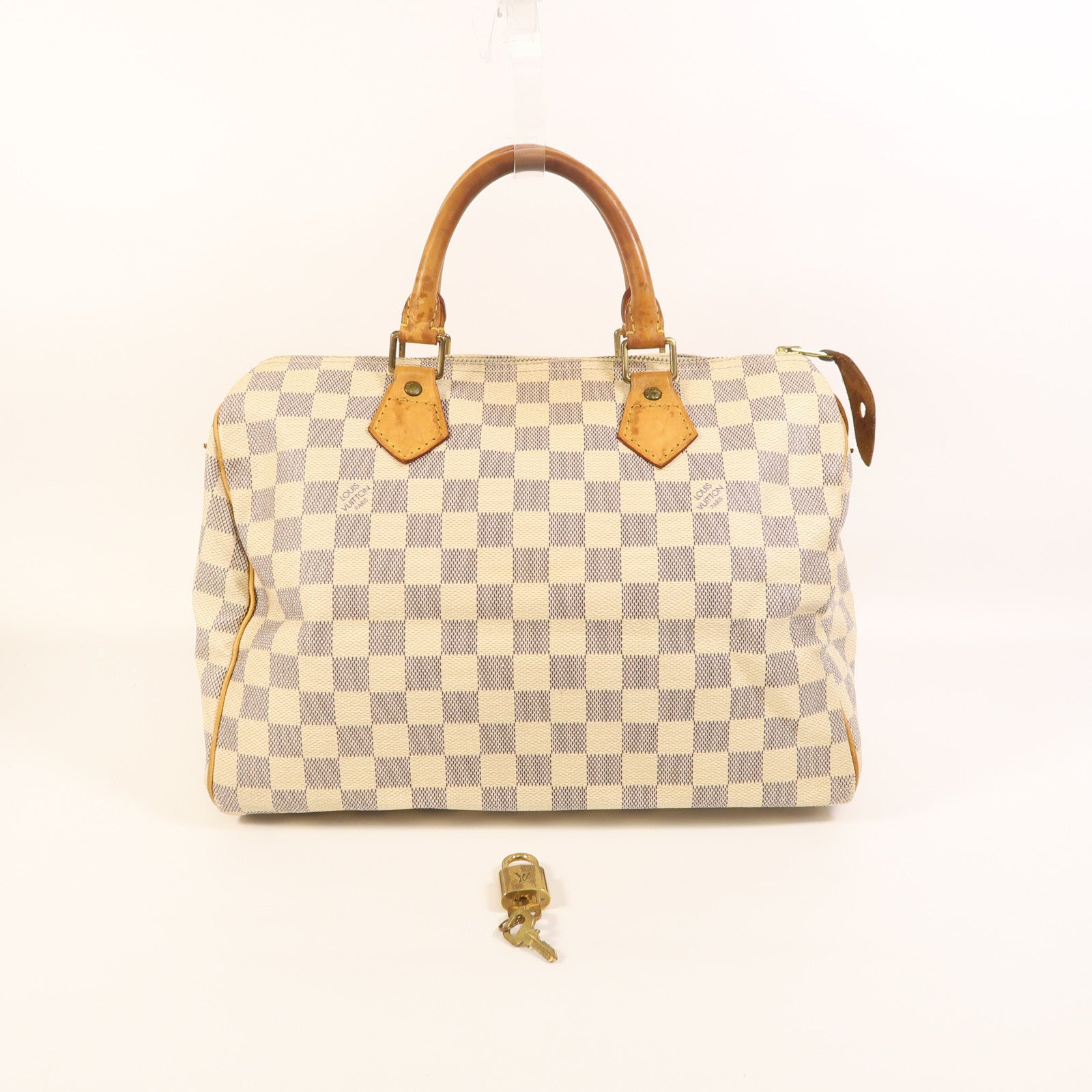 LOUIS VUITTON Damier Azur Speedy 30金扣手挽袋白色