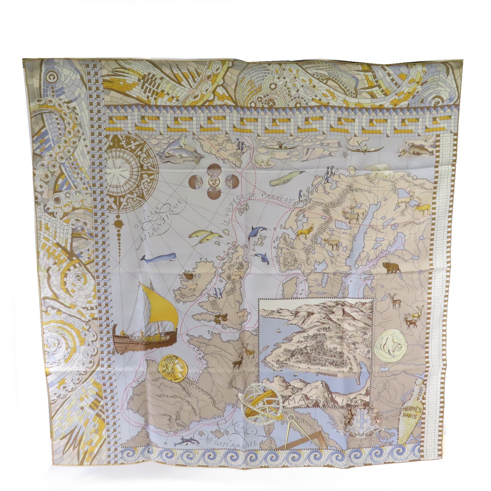 HERMES 絲質90x90 Scarf絲巾黃色/灰色/彩色