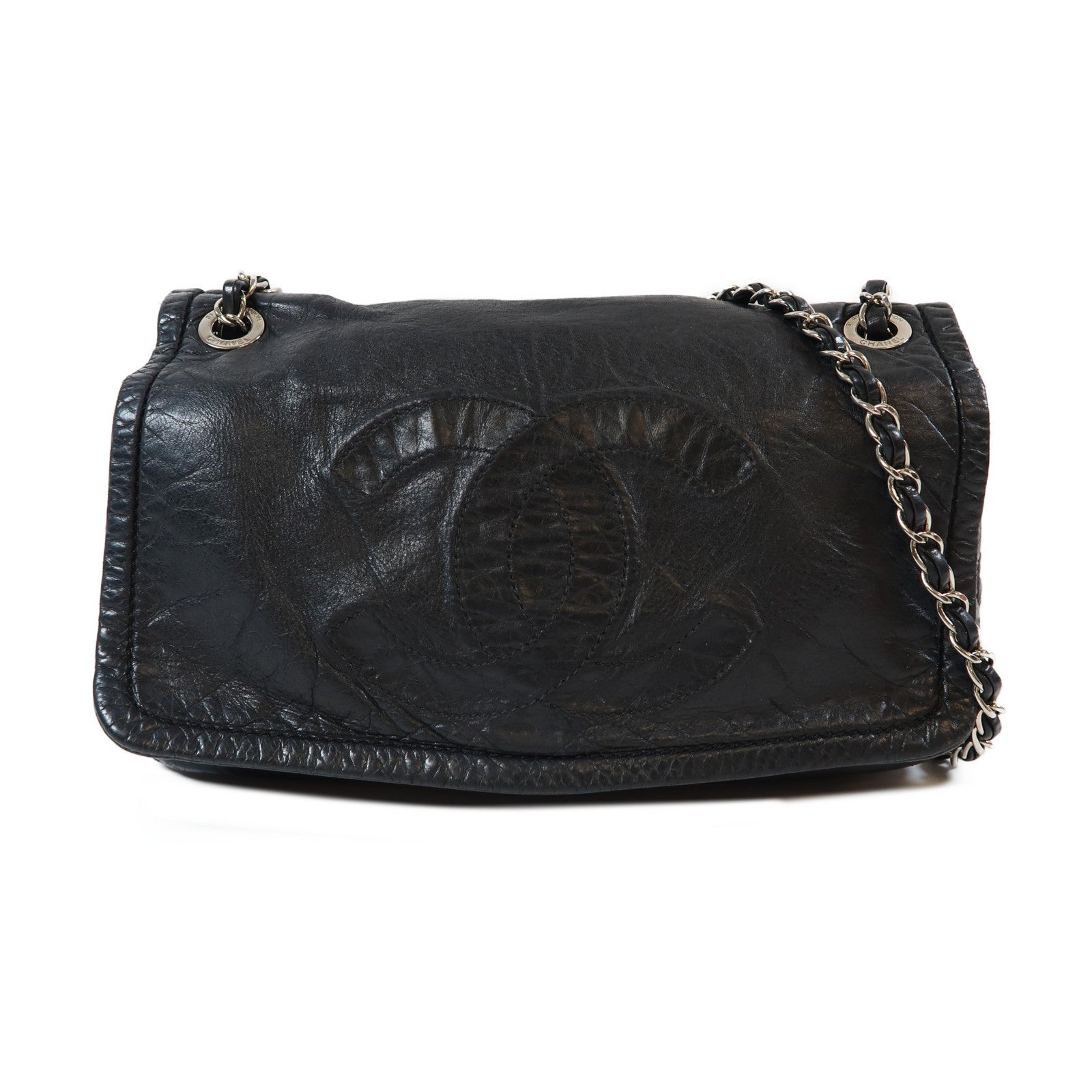 CHANEL 牛皮皮革Chain Shoulder Bag銀扣鏈帶肩背袋黑色