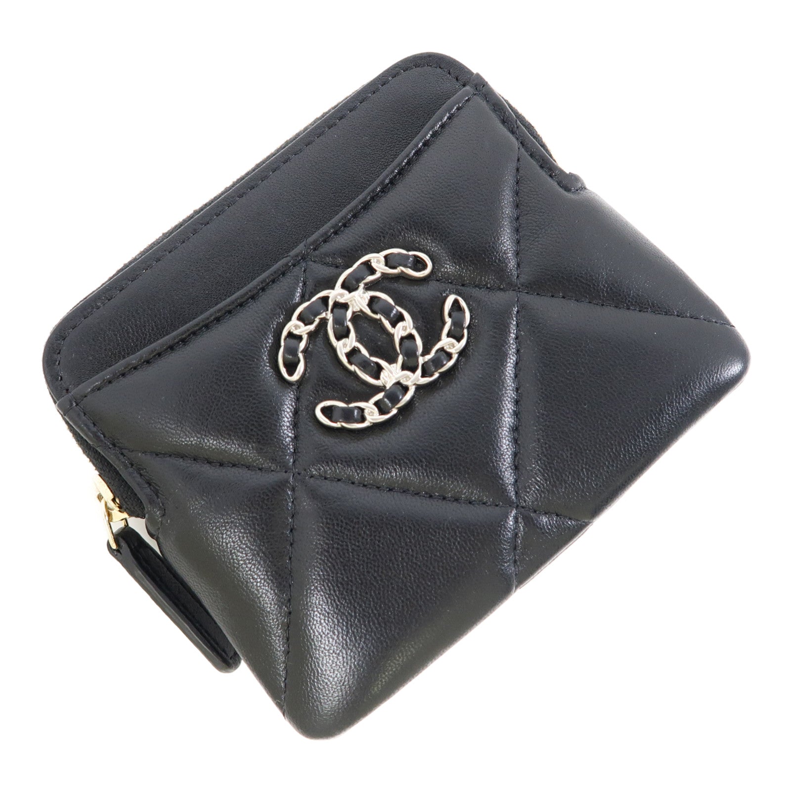 CHANEL 羊皮皮革Zipper Card Holder金扣卡片套黑色