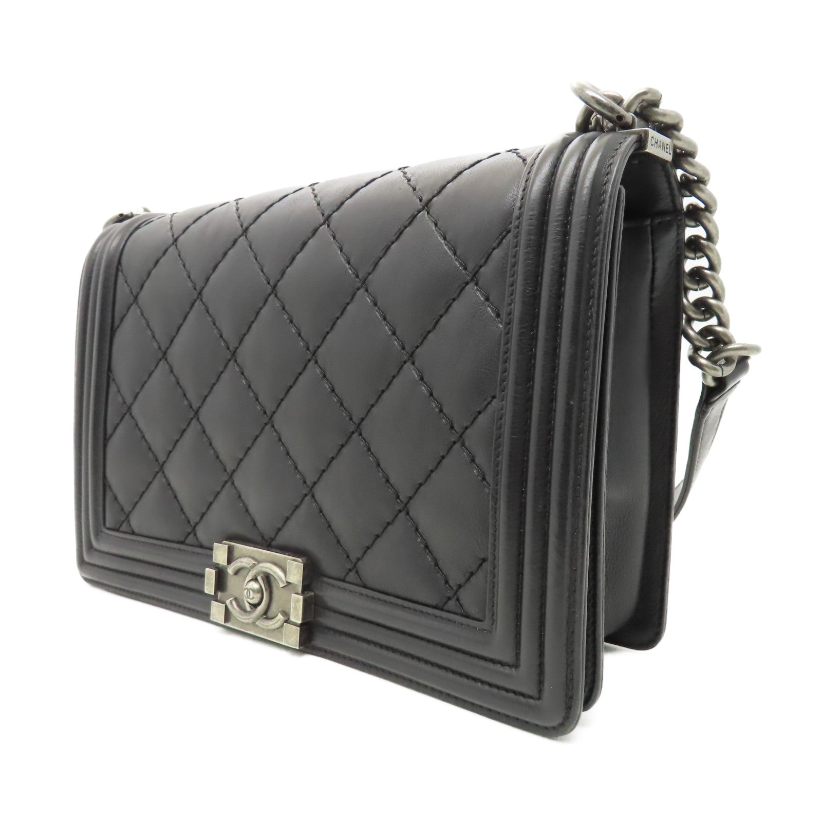 CHANEL **【激減優惠】菱格羊皮皮革Boy Shoulder Bag銀扣鏈帶肩背袋黑色