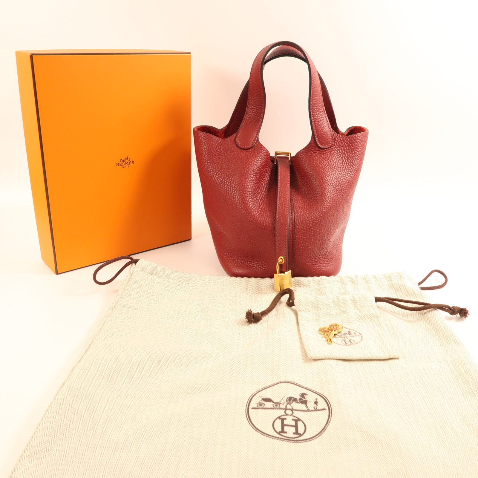 HERMES Clemence皮革Picotin PM金扣手挽袋Rouge Grenat