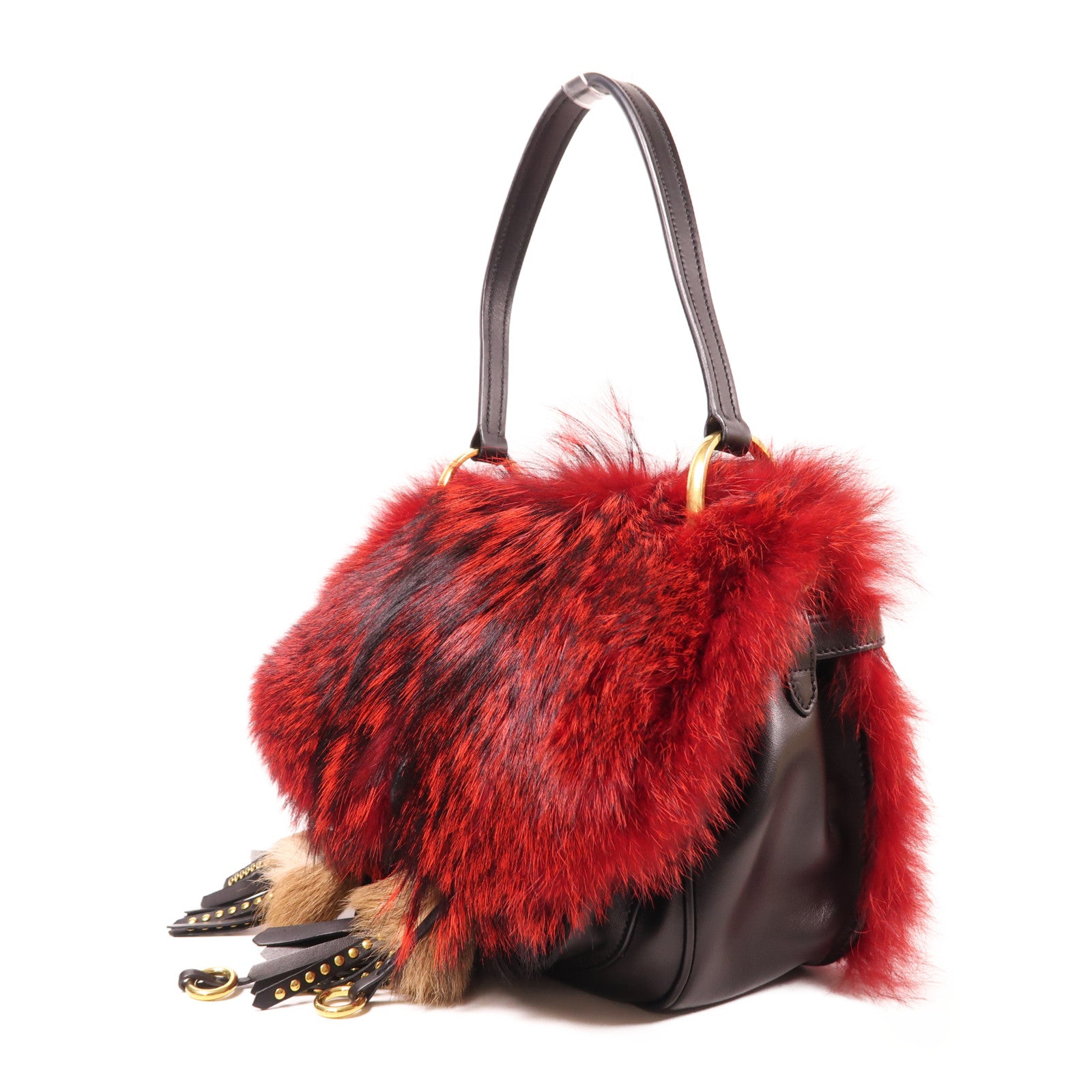 PRADA 狐狸毛/皮革Shoulder Bag金扣手挽肩背兩用袋