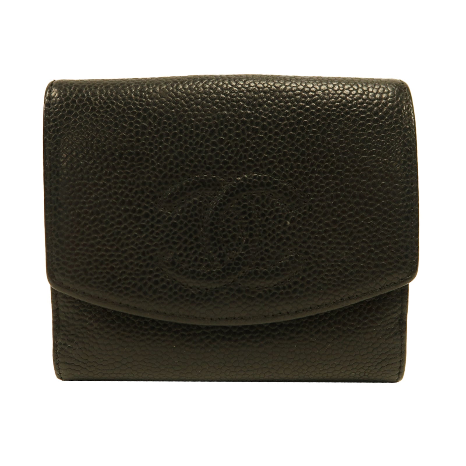 CHANEL Caviar皮革Wallet金扣折疊錢包黑色