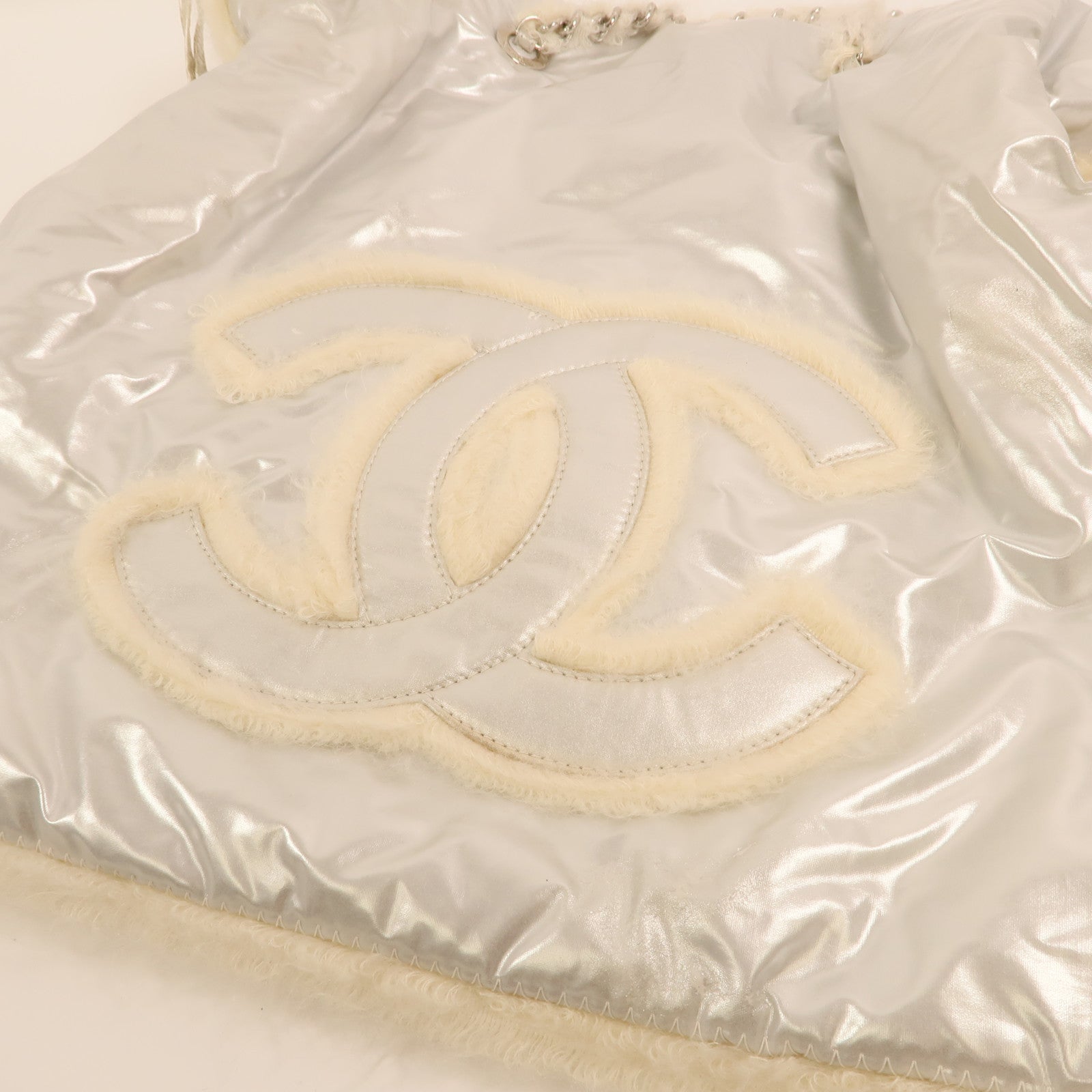 CHANEL PVC/羊毛Vinyl Mohair CC Bonbons Tote銀扣鏈帶肩背袋