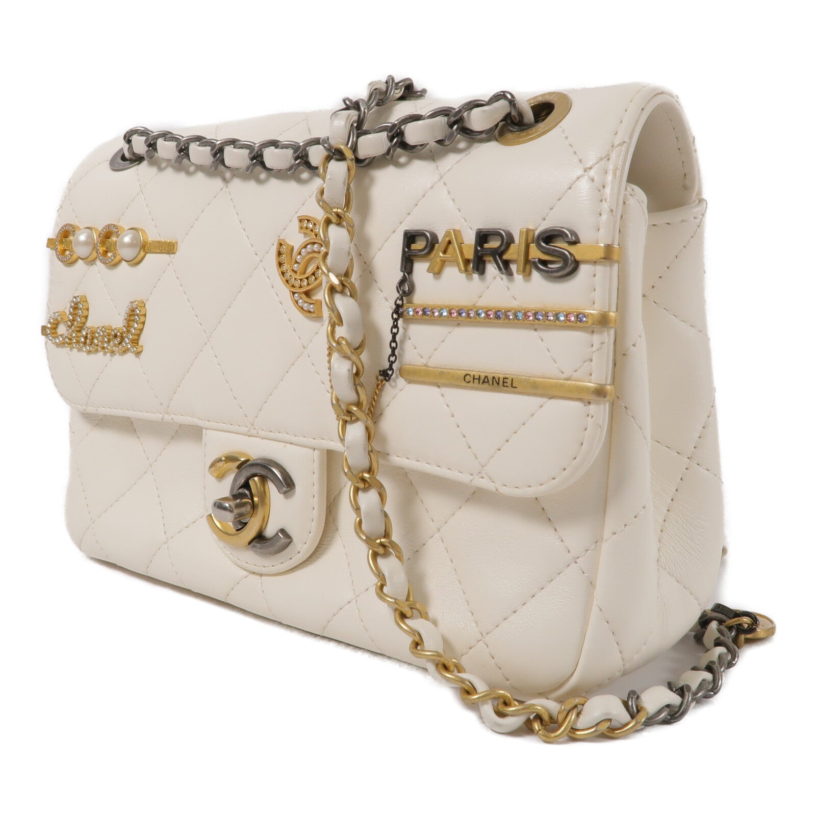 CHANEL 羊皮皮革Pearl Hairpin Badge Bag鏈帶肩背袋