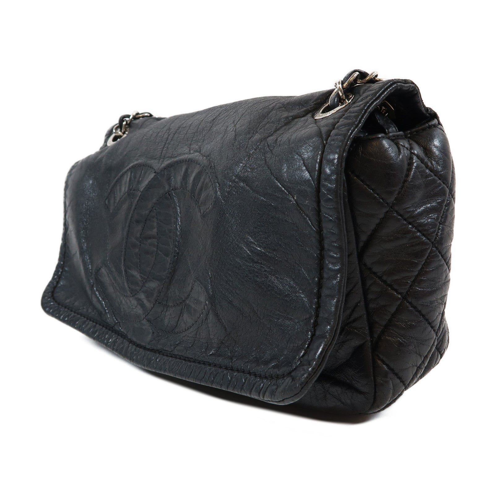 CHANEL 牛皮皮革Chain Shoulder Bag銀扣鏈帶肩背袋黑色