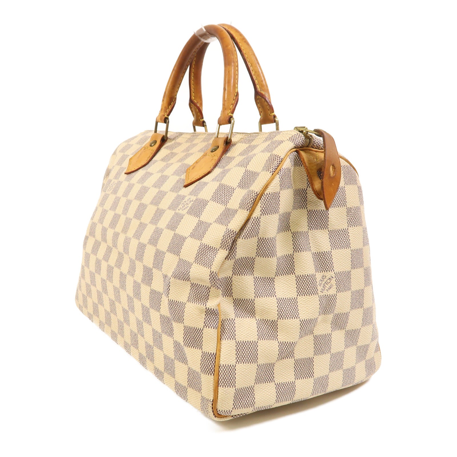 LOUIS VUITTON Damier Azur Speedy 30金扣手挽袋白色