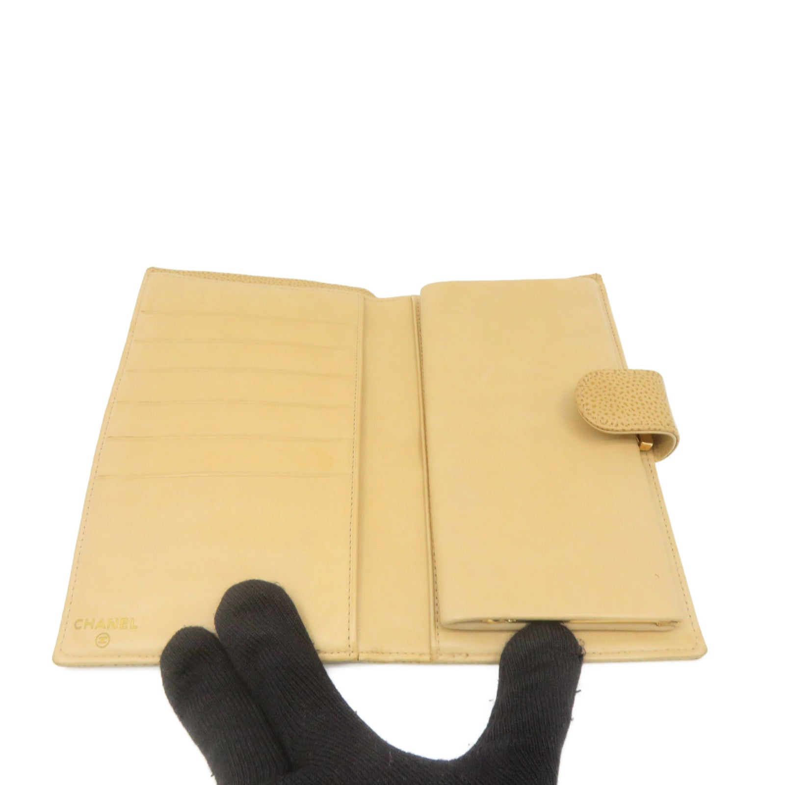 CHANEL Caviar Leather Long Wallet Gold Buckle Long Wallet Apricot