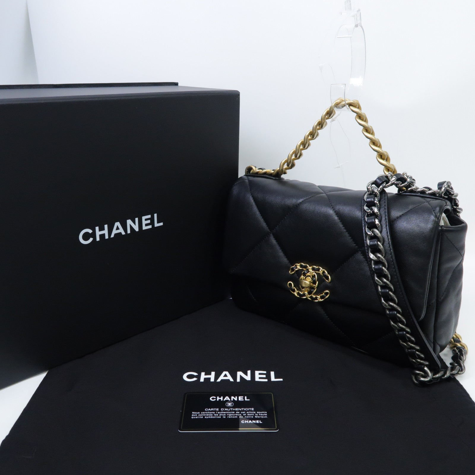 CHANEL 菱格羊皮皮革C19金/銀扣鏈帶手挽肩背兩用袋黑色