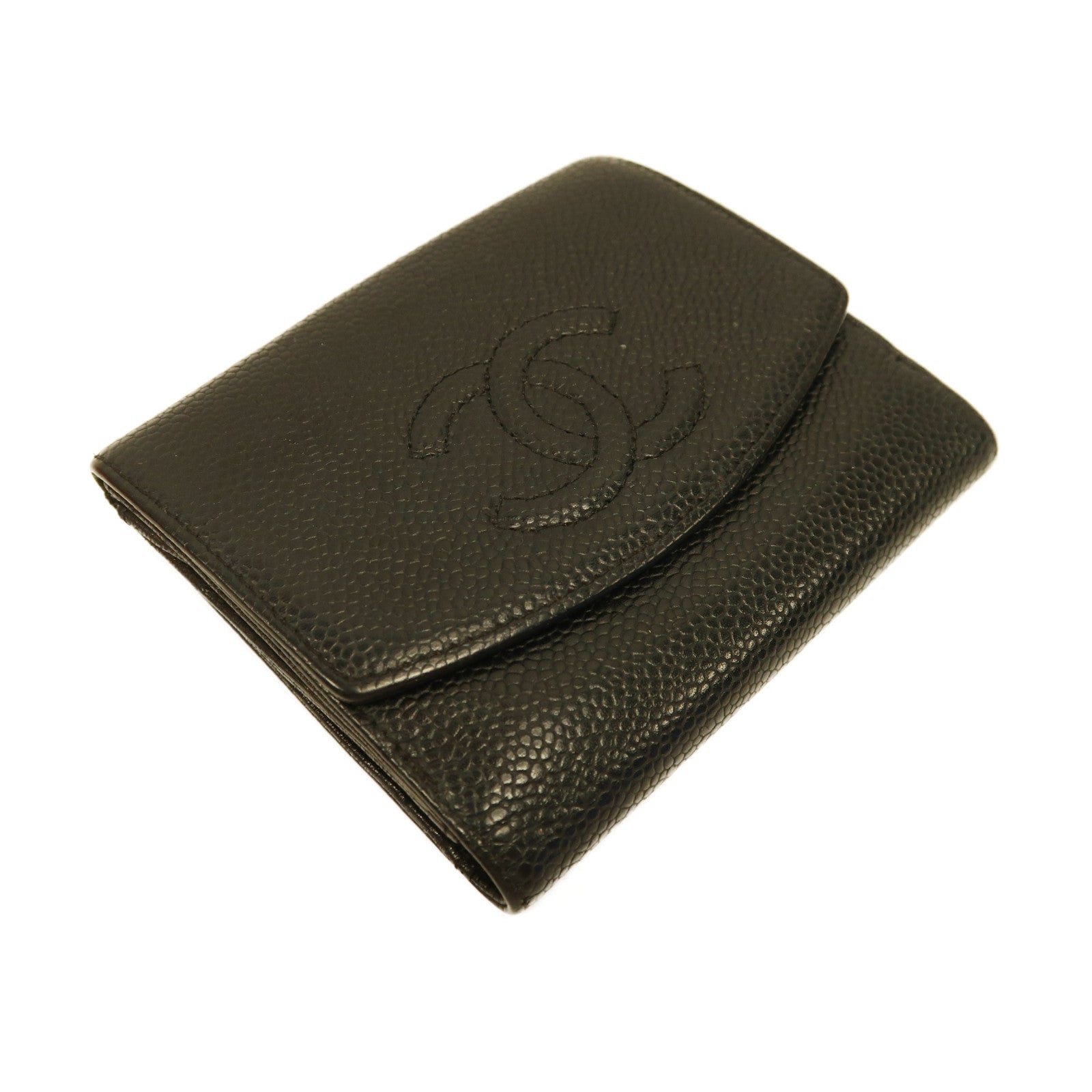 CHANEL Caviar皮革Wallet金扣折疊錢包黑色
