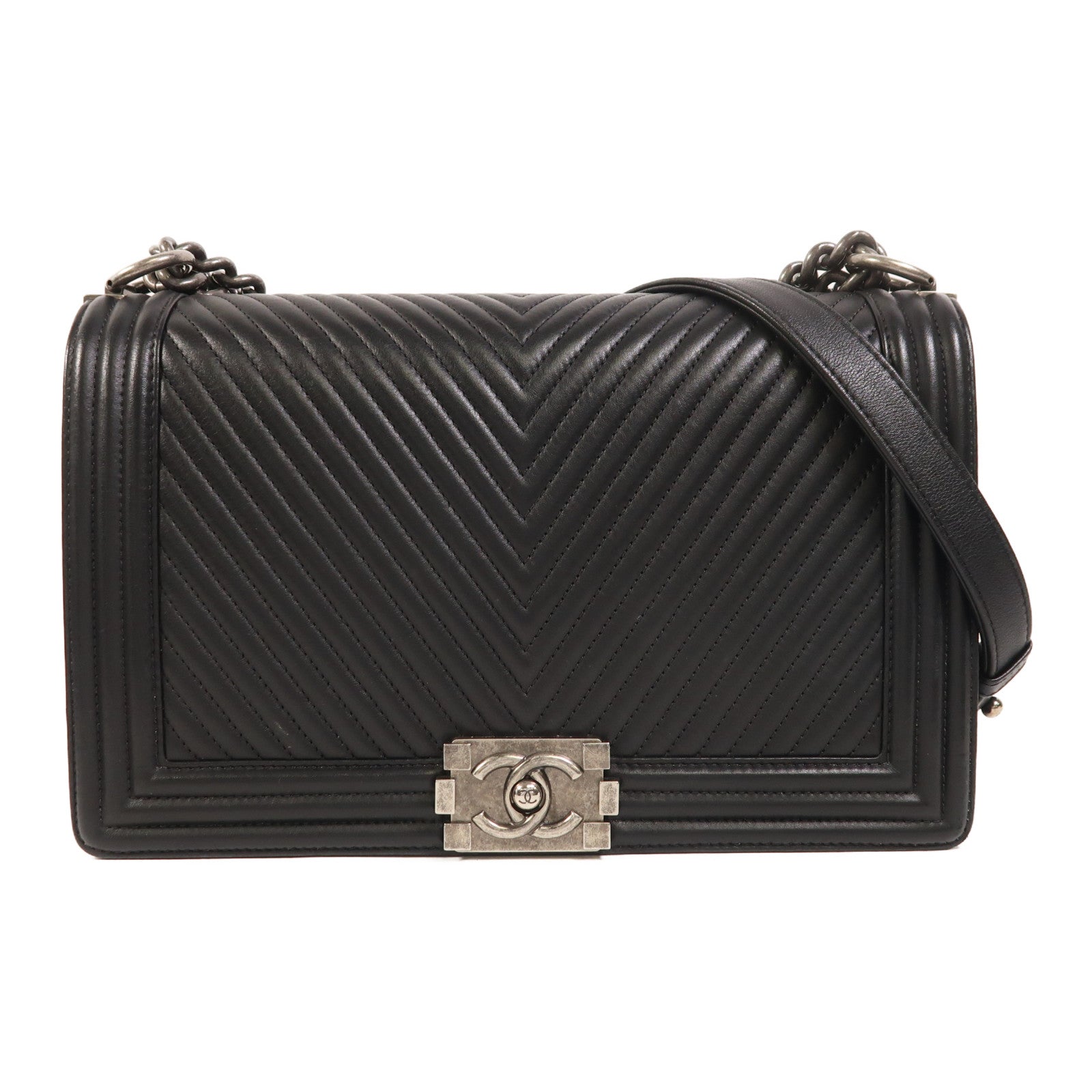 CHANEL 牛皮皮革Boy 28銀扣鏈帶肩背袋