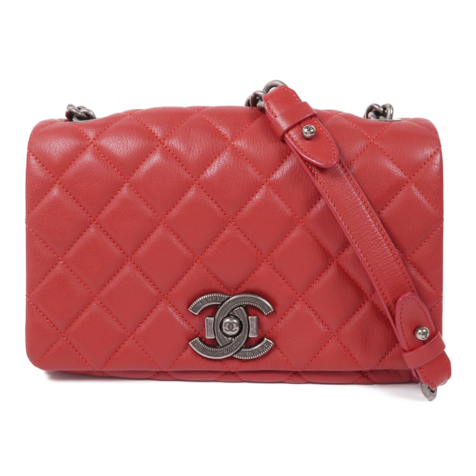 CHANEL 牛皮皮革Chain Shoulder銀扣鏈帶肩背袋