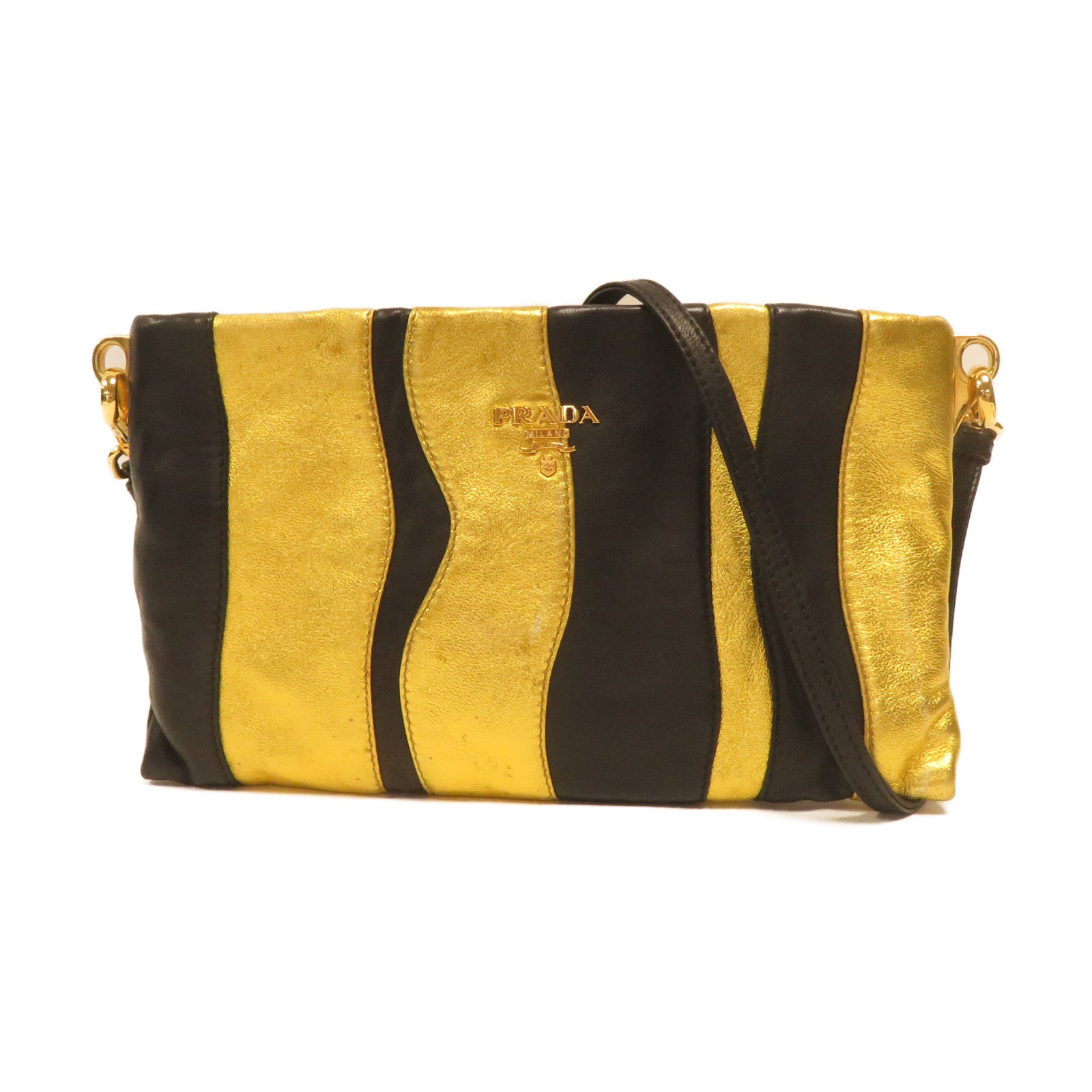 PRADA 【激減優惠】羊皮皮革Shoulder Bag金扣肩背袋黑色/金色
