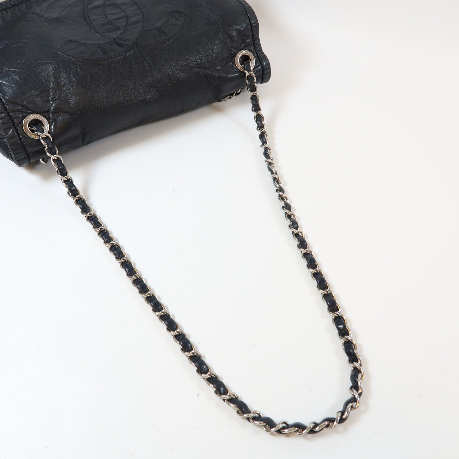 CHANEL 牛皮皮革Chain Shoulder Bag銀扣鏈帶肩背袋黑色
