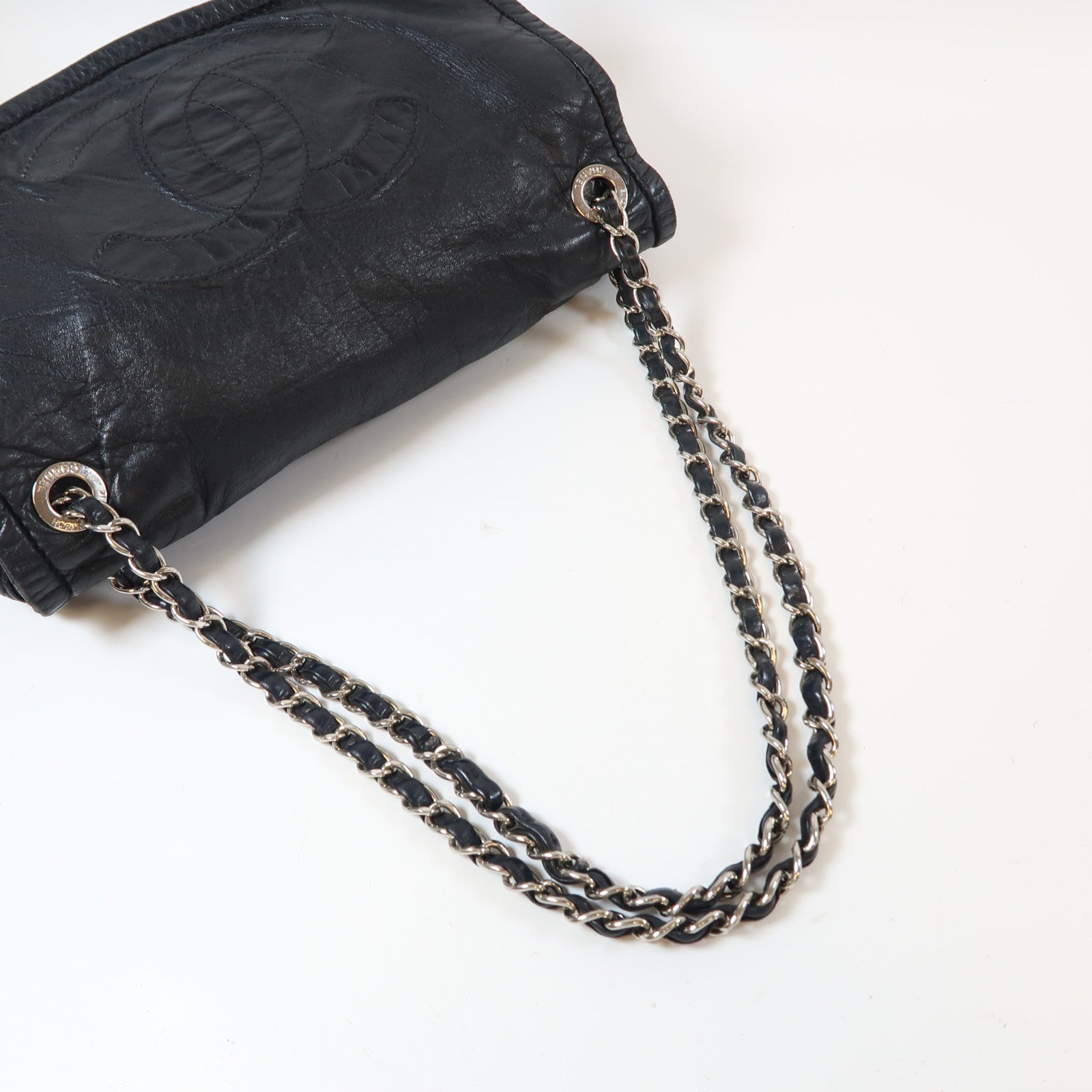 CHANEL 牛皮皮革Chain Shoulder Bag銀扣鏈帶肩背袋黑色