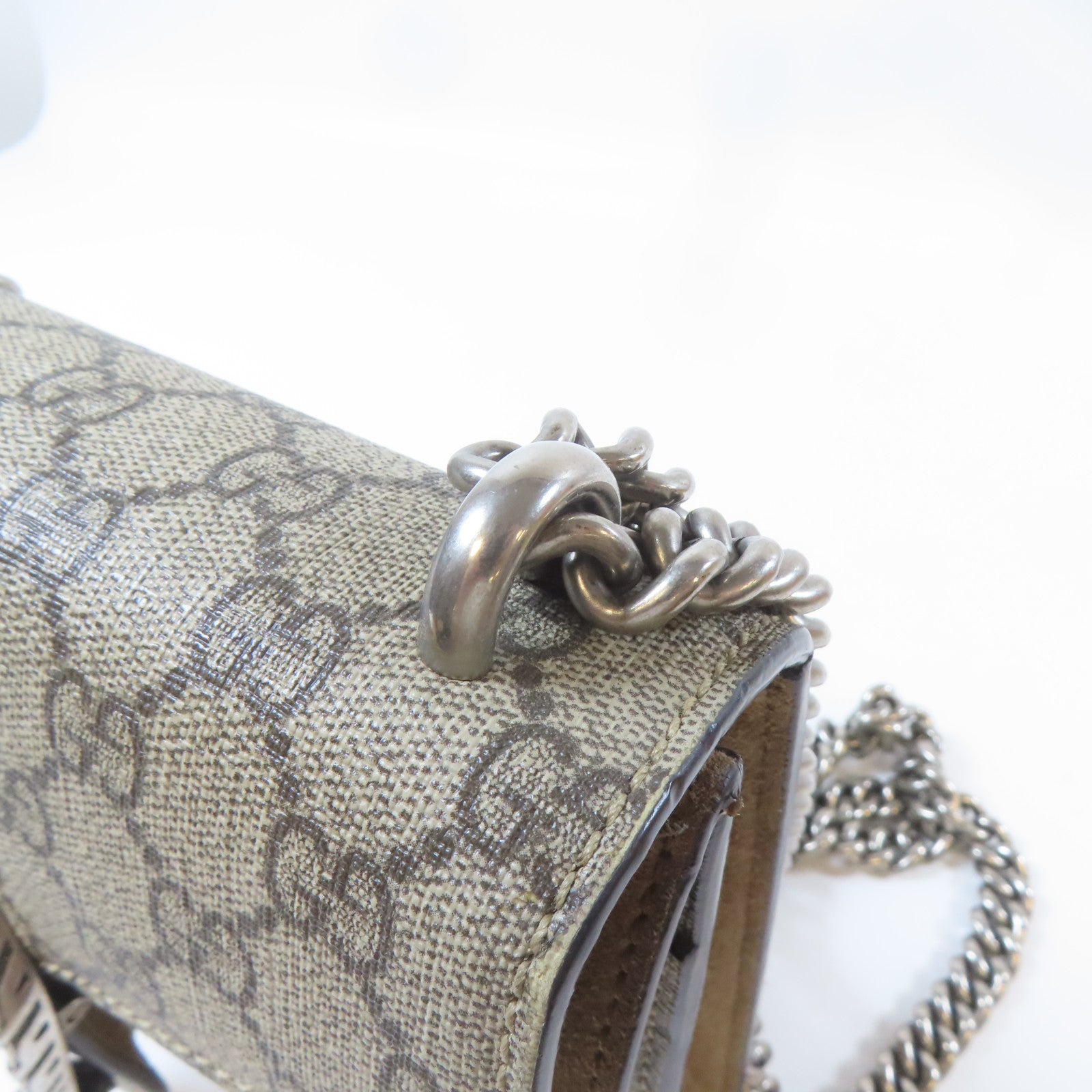 GUCCI 塗層帆布Dionysus Mini銀扣鏈帶肩背袋啡色