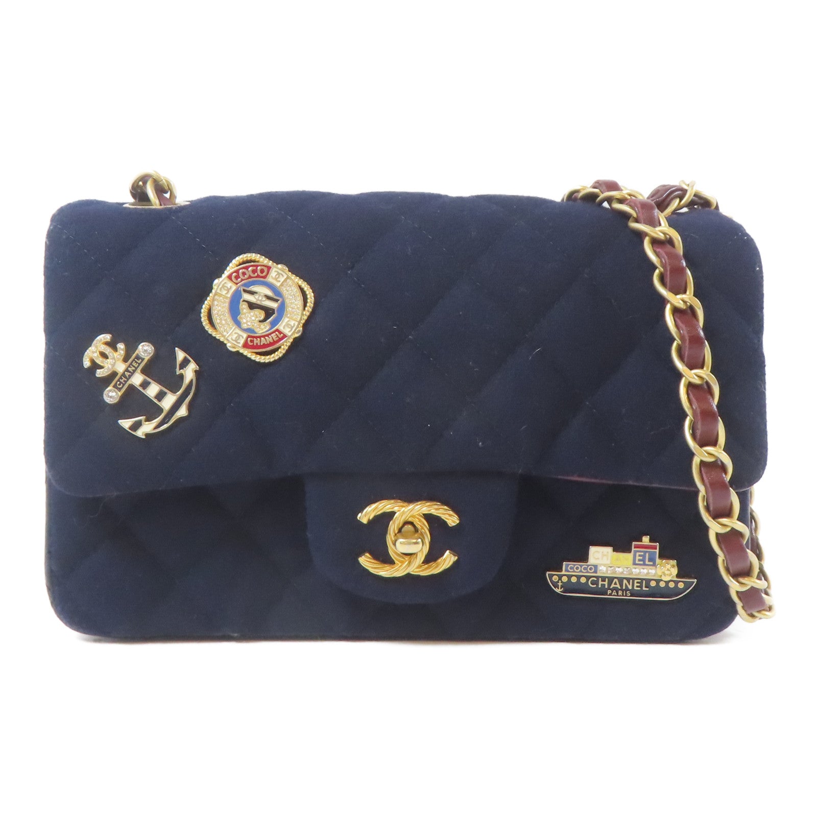 CHANEL 菱格羊毛Charms Mini Rectangular Flap金扣肩背袋深藍色