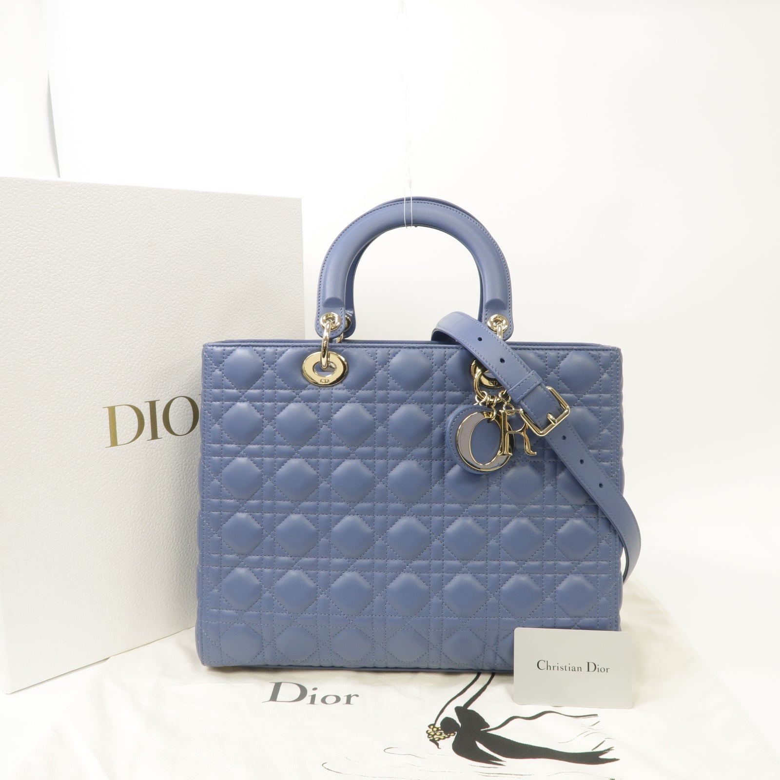 Dior 羊皮皮革Lady Dior Large 2 Way Shoulder Bag金扣手挽肩背兩用袋藍色
