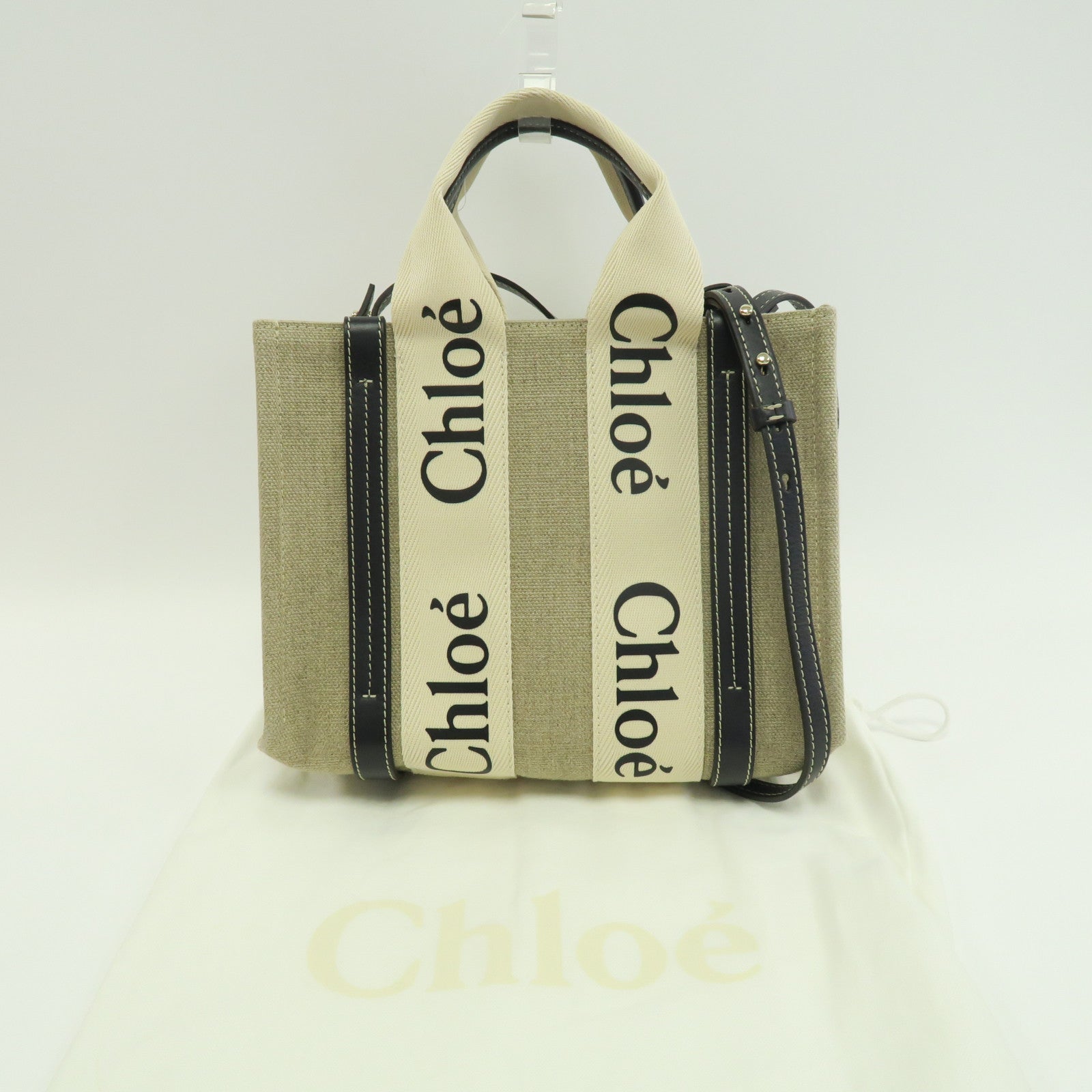 Chloe 牛皮皮革帆布Mini Woody Tote金扣手挽肩背兩用袋米色/黑色