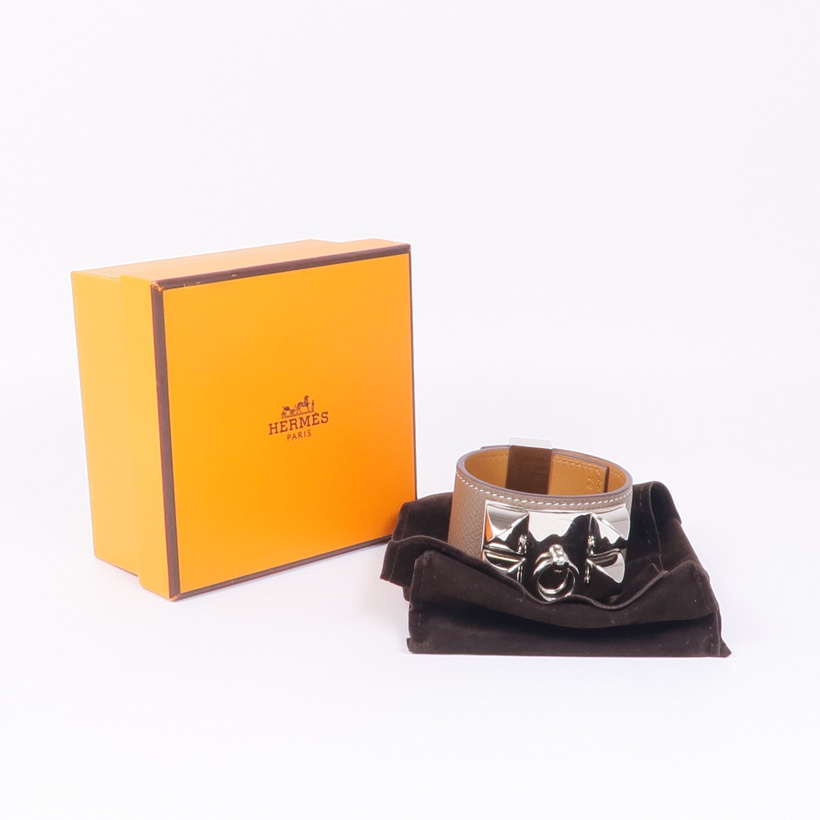 HERMES Epsom皮革Collier de Chien CDC Bracelet銀扣手帶Etoupe