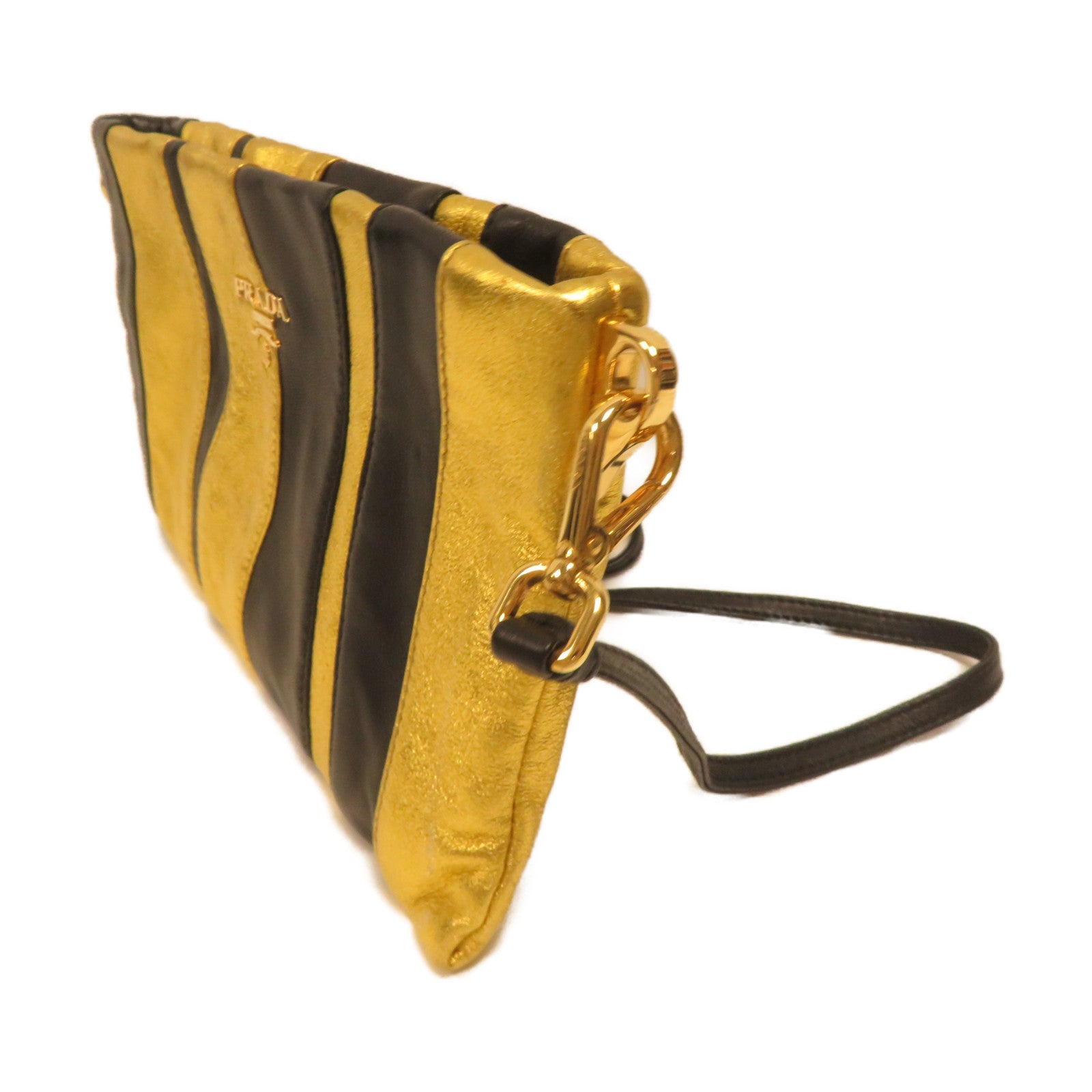PRADA 【激減優惠】羊皮皮革Shoulder Bag金扣肩背袋黑色/金色