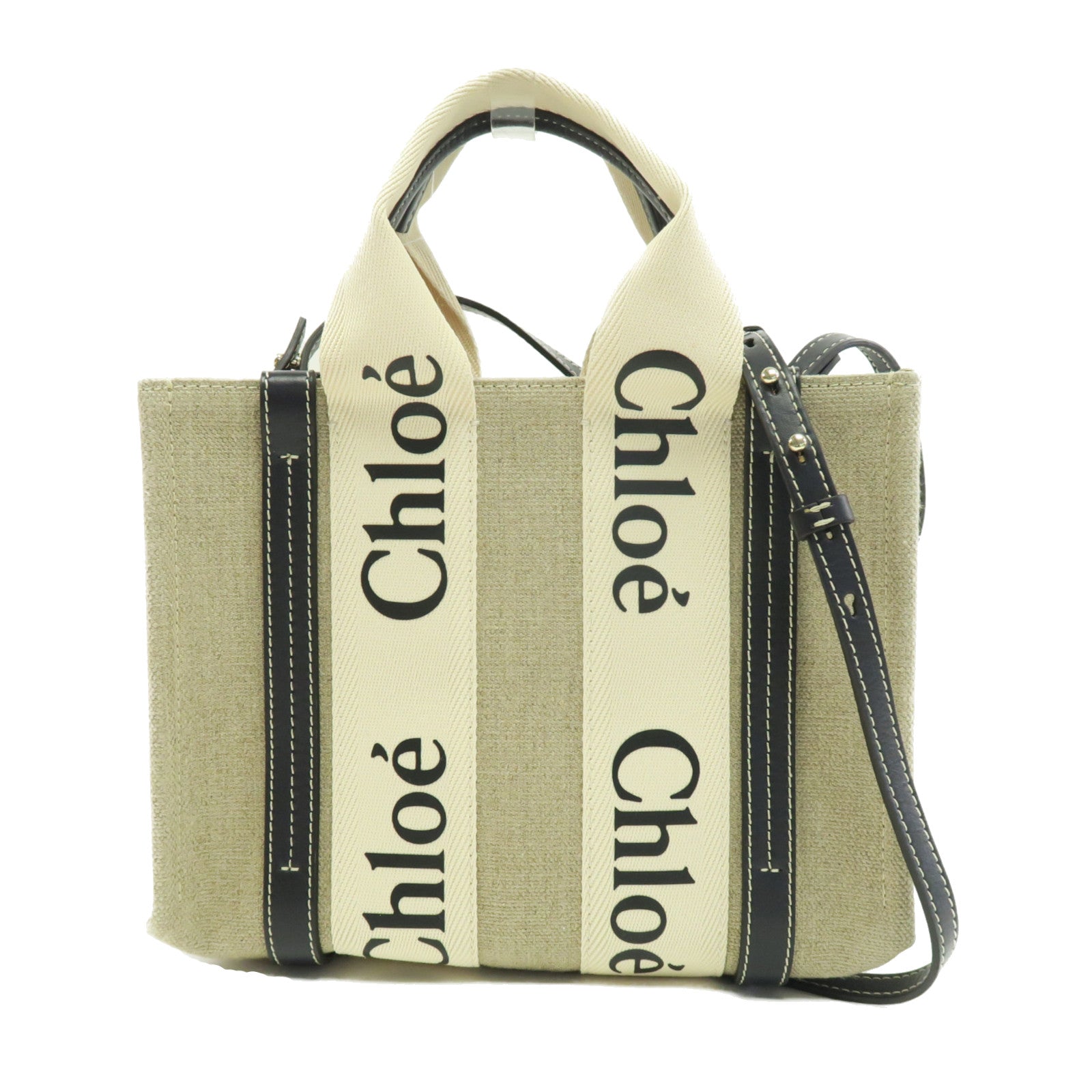 Chloe 牛皮皮革帆布Mini Woody Tote金扣手挽肩背兩用袋米色/黑色