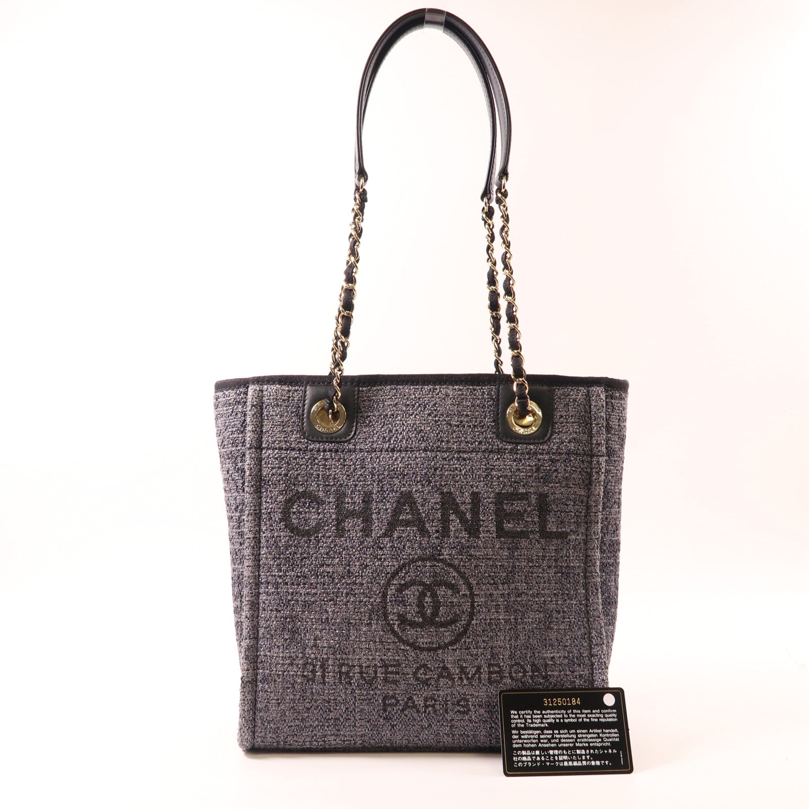 CHANEL 粗花呢Deaville Tote Bag金扣肩背袋/手挽袋藍色