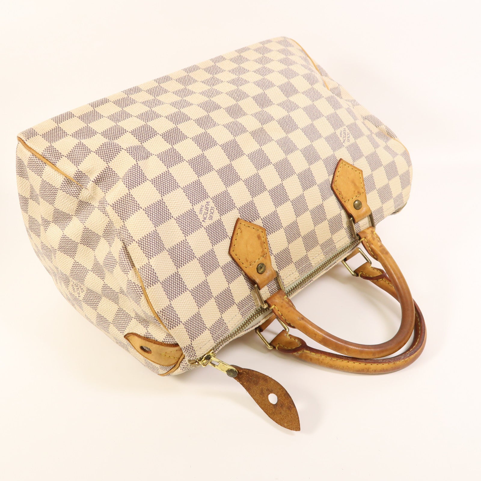 LOUIS VUITTON Damier Azur Speedy 30金扣手挽袋白色