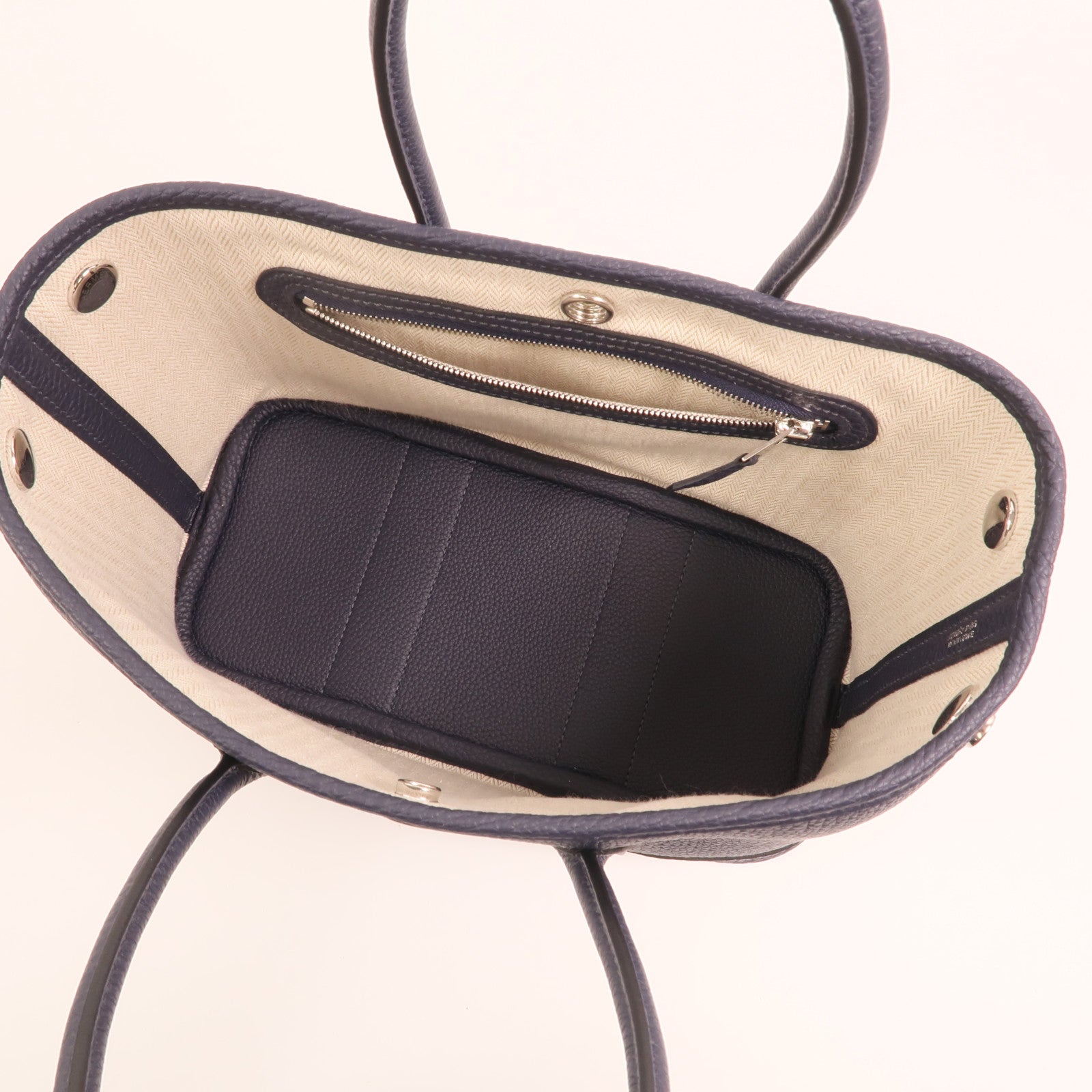 HERMES Negonda皮革Mini Garden Party銀扣手挽袋Bleu Nuit