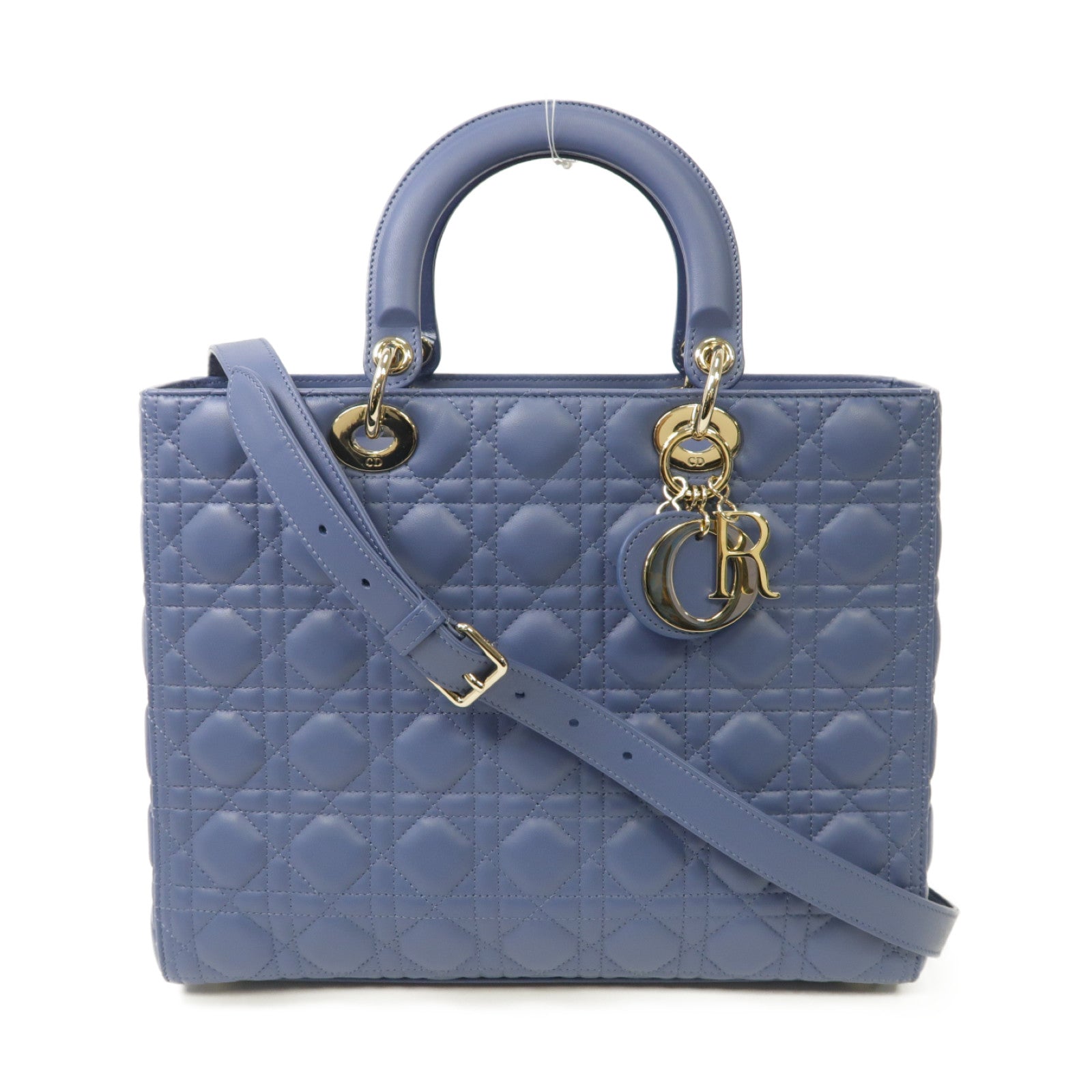 Dior 羊皮皮革Lady Dior Large 2 Way Shoulder Bag金扣手挽肩背兩用袋藍色