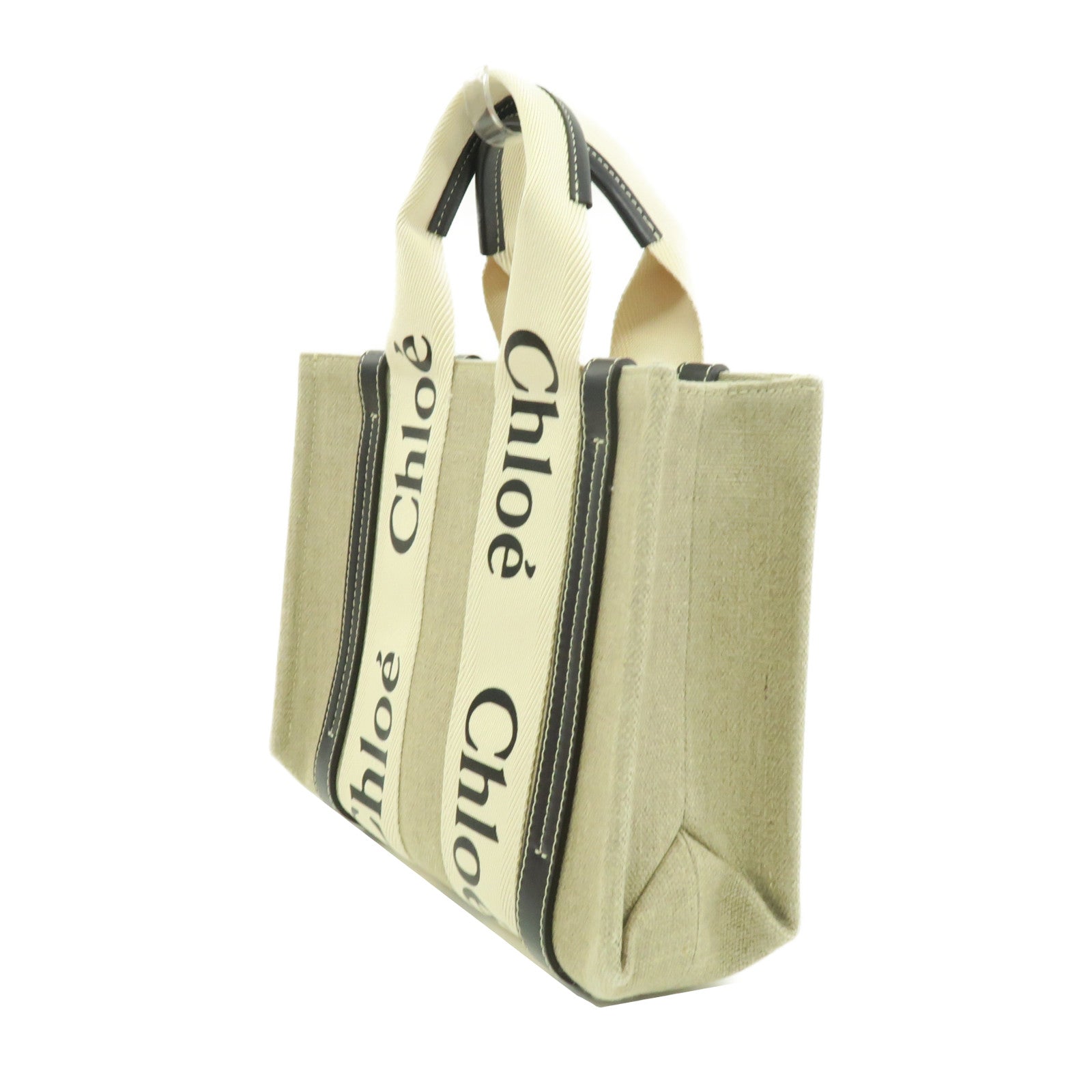 Chloe 牛皮皮革帆布Mini Woody Tote金扣手挽肩背兩用袋米色/黑色