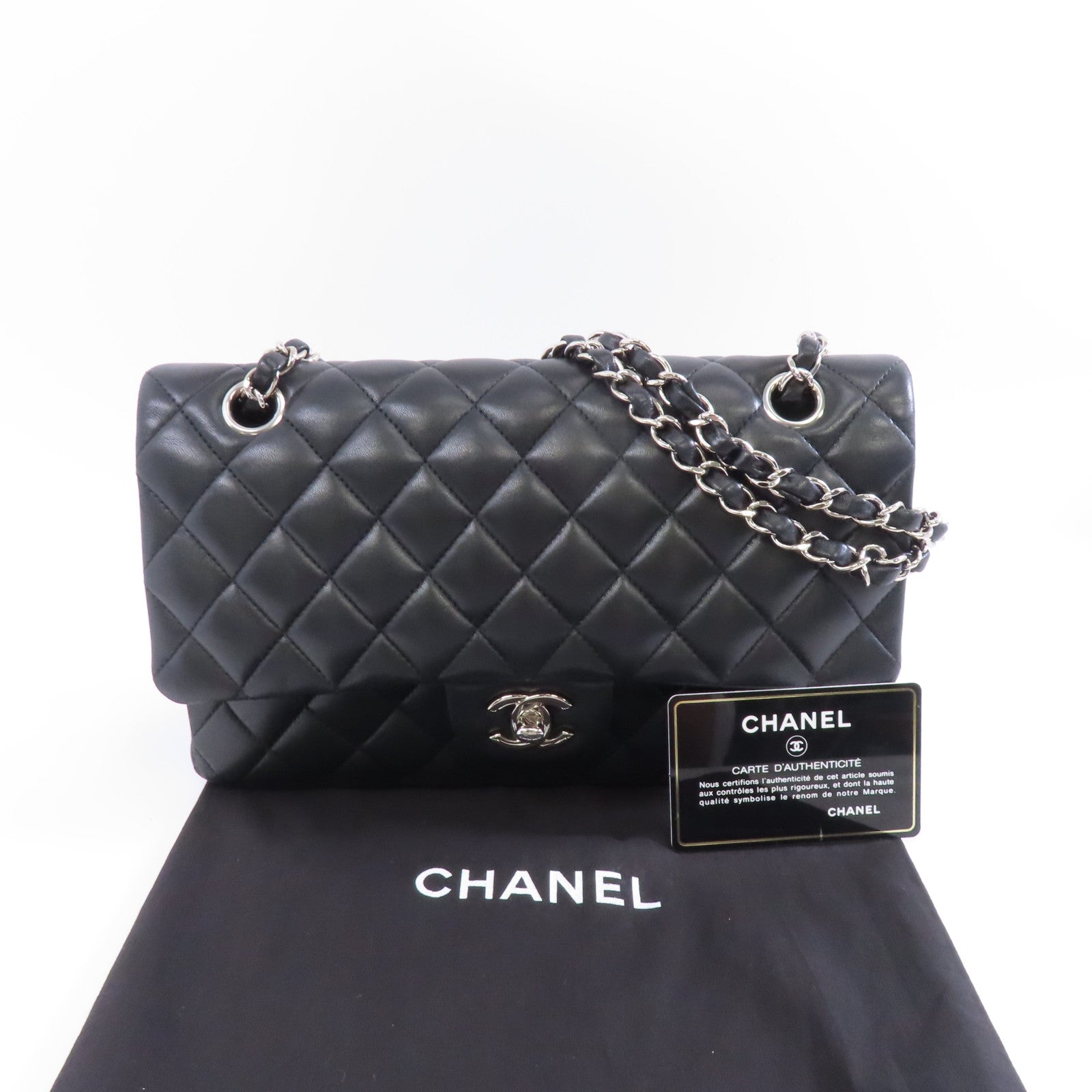 CHANEL 菱格羊皮皮革Classic Flap 25銀扣鏈帶肩背袋黑色