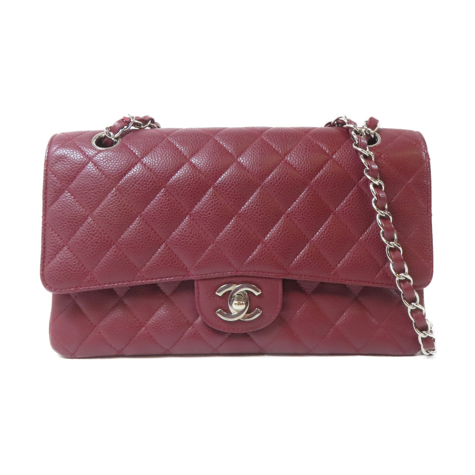 CHANEL 菱格Caviar皮革Classic Flap銀扣鏈帶肩背袋紅色