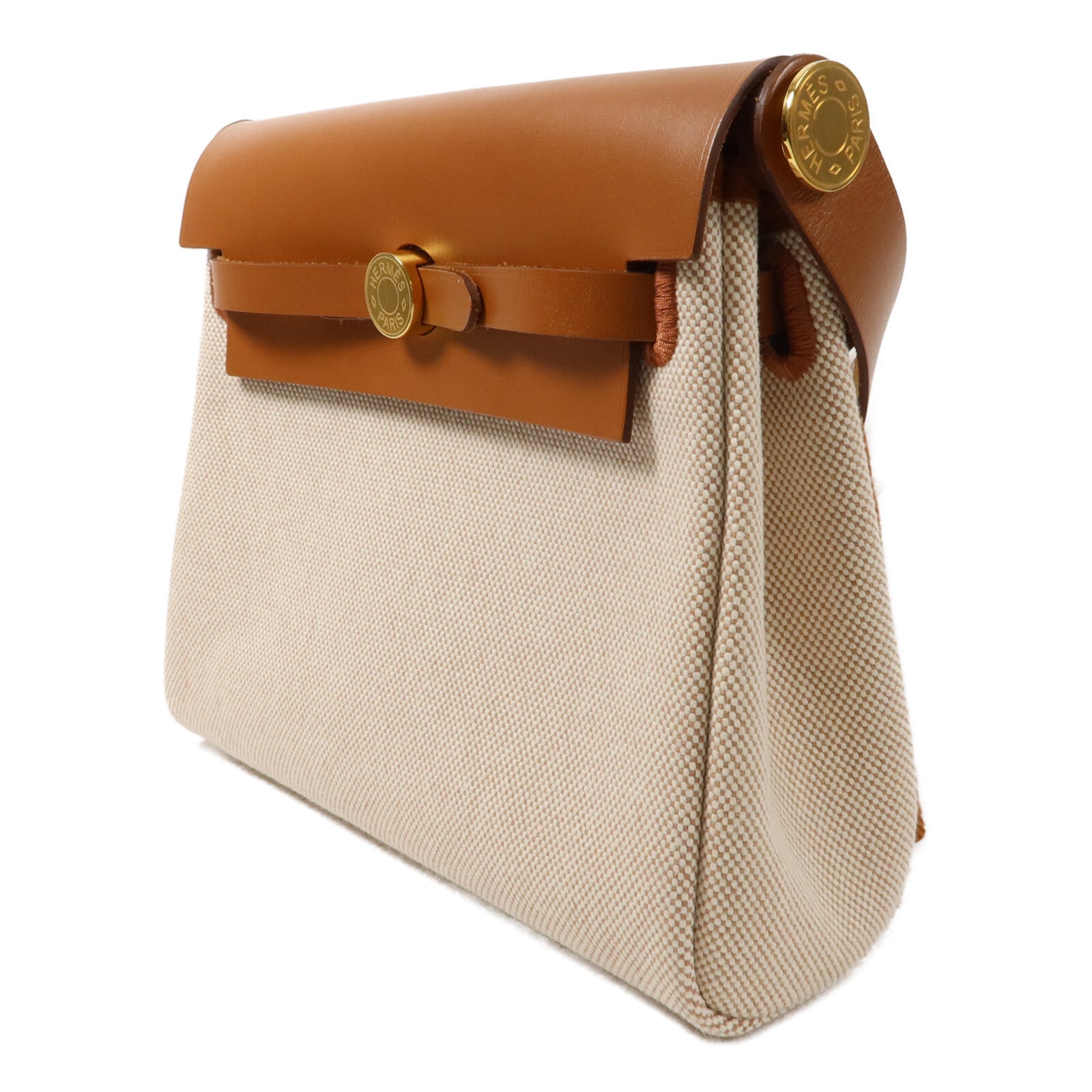 HERMES 帆布Mini Herbag肩背袋Ecru Beige/Fauve