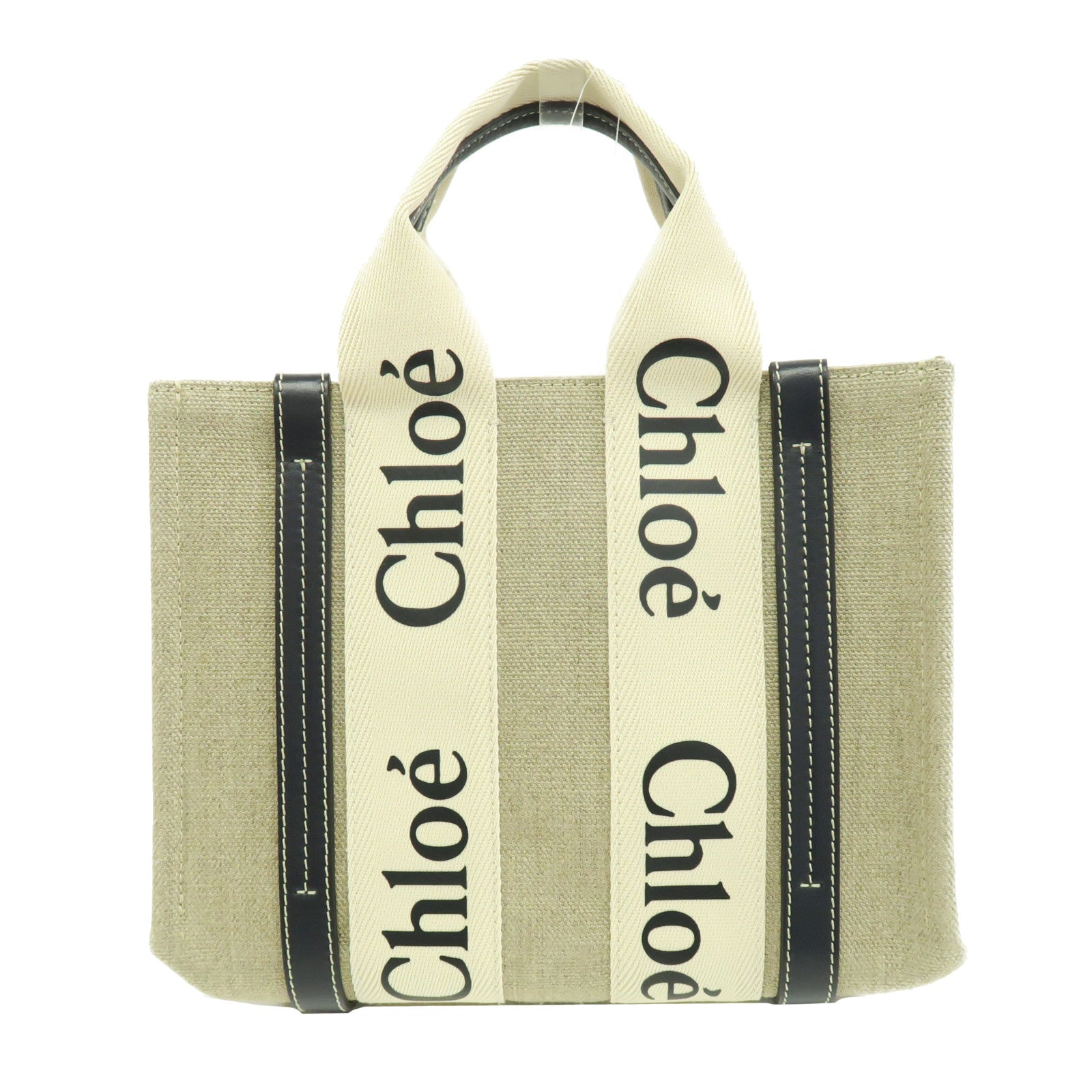 Chloe 牛皮皮革帆布Mini Woody Tote金扣手挽肩背兩用袋米色/黑色