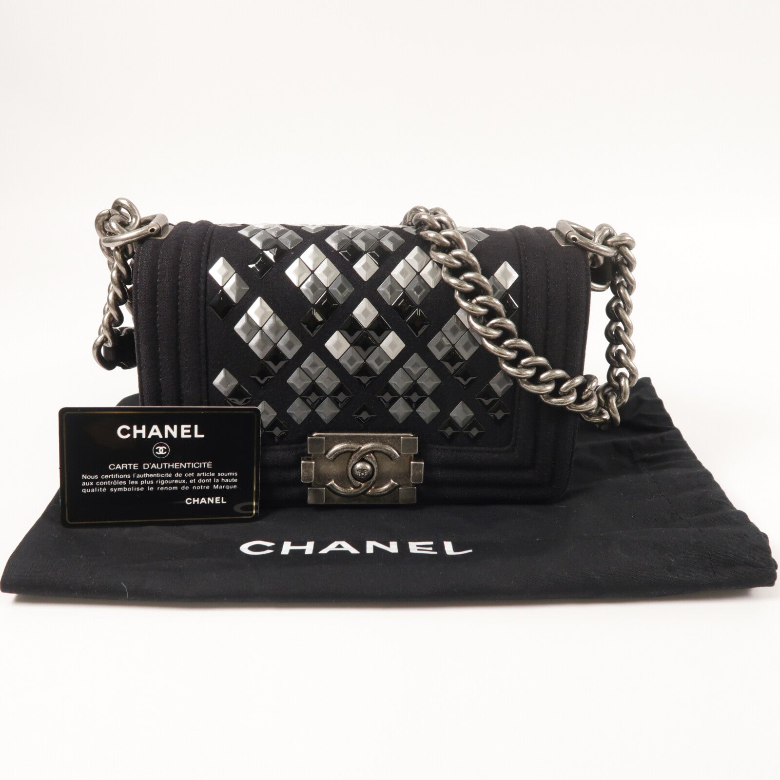 CHANEL 羊毛Mosaic Boy 20銀扣鏈帶肩背袋