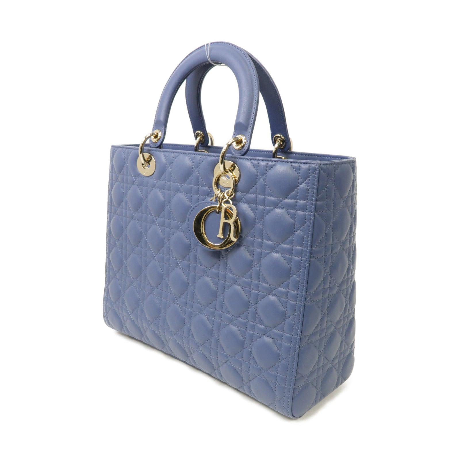 Dior 羊皮皮革Lady Dior Large 2 Way Shoulder Bag金扣手挽肩背兩用袋藍色