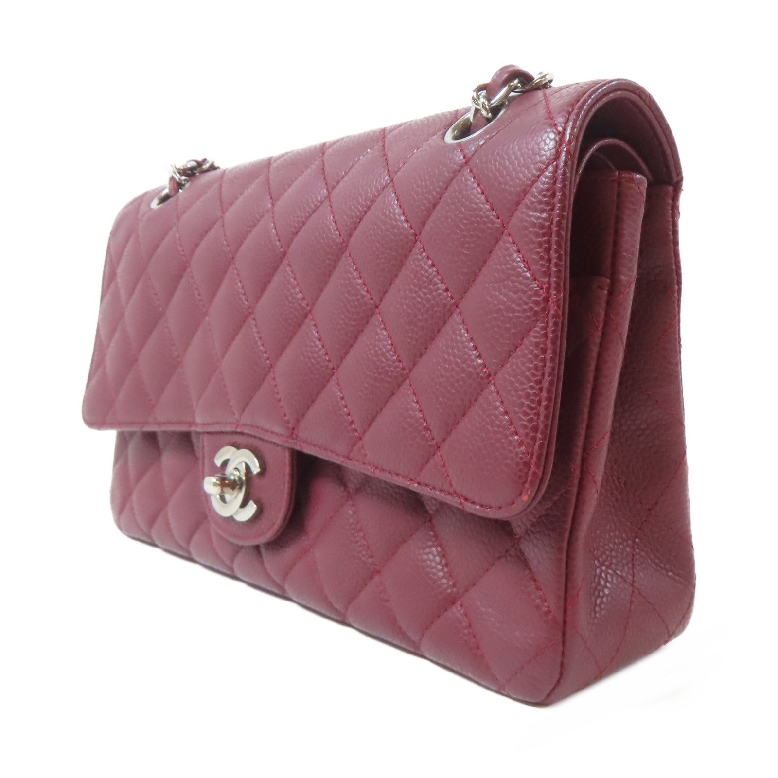 CHANEL 菱格Caviar皮革Classic Flap銀扣鏈帶肩背袋紅色