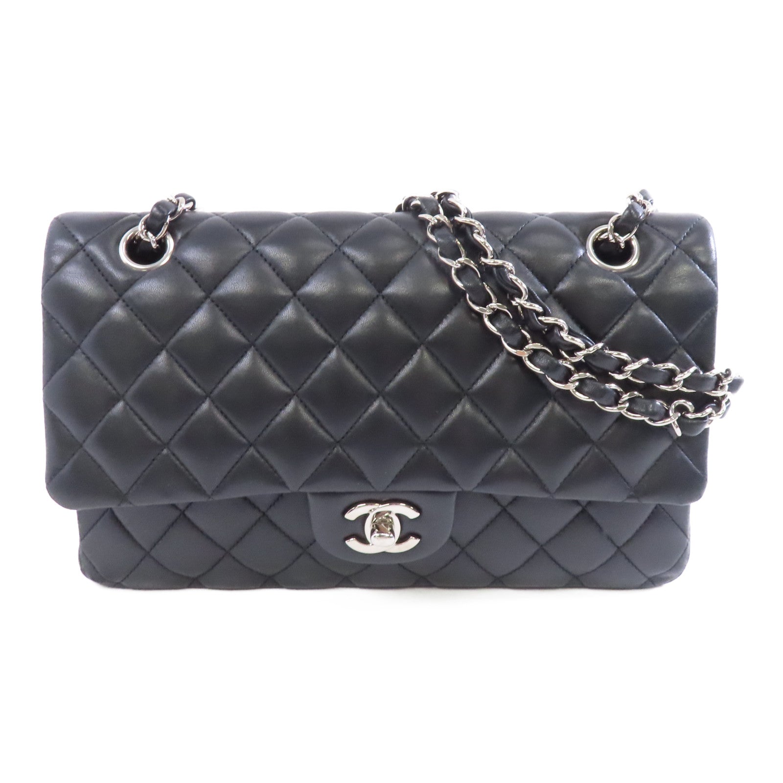 CHANEL 菱格羊皮皮革Classic Flap 25銀扣鏈帶肩背袋黑色