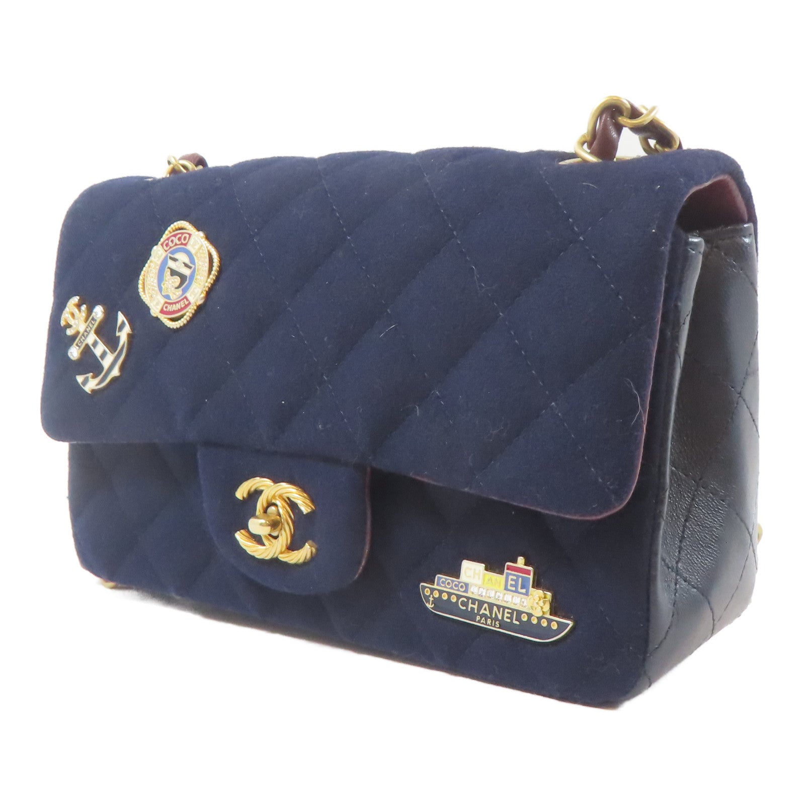 CHANEL 菱格羊毛Charms Mini Rectangular Flap金扣肩背袋深藍色