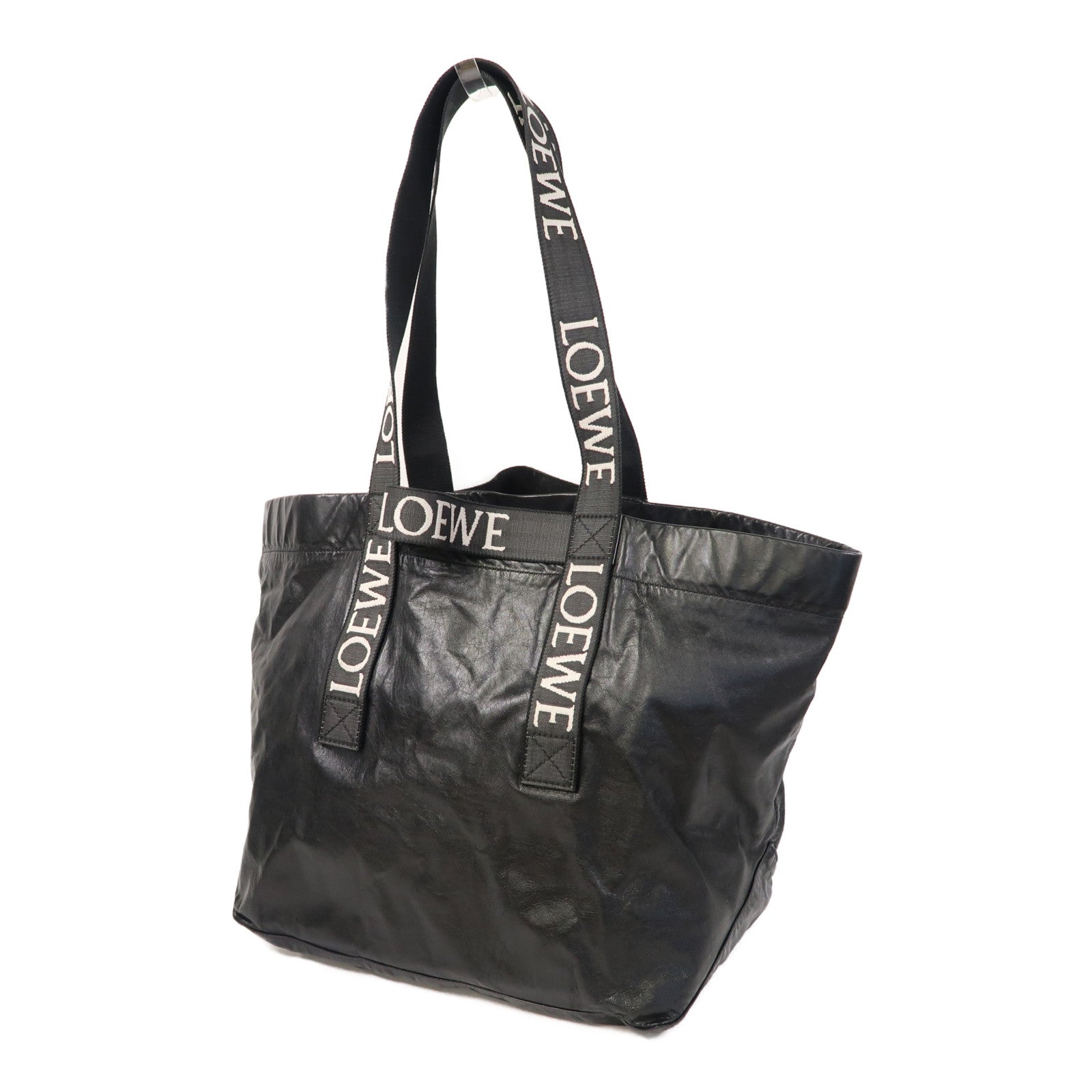 LOEWE 牛皮皮革Fold Shopper銀扣肩背袋黑色