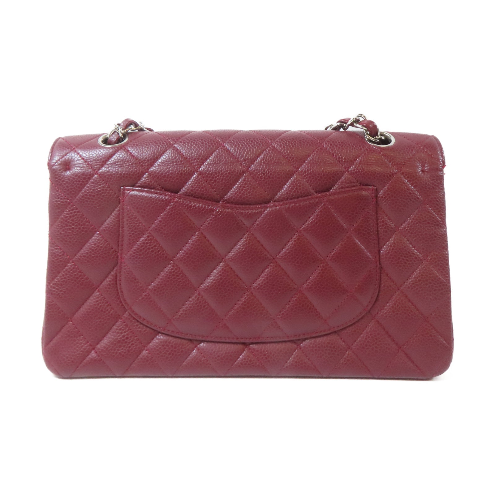 CHANEL 菱格Caviar皮革Classic Flap銀扣鏈帶肩背袋紅色