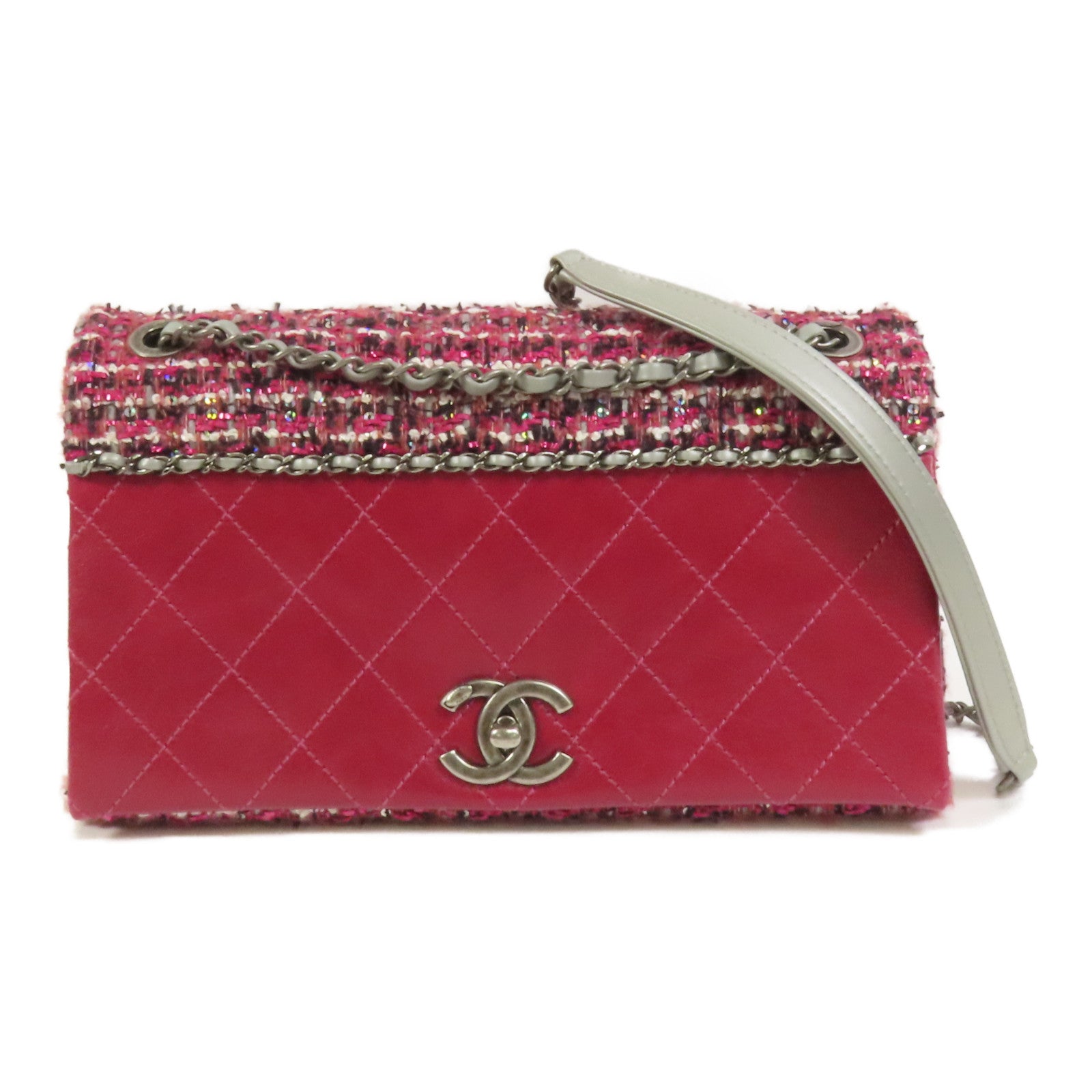CHANEL 【激減優惠】Tweed/牛皮皮革Chain Shoulder Flap Bag銀扣鏈帶肩背袋