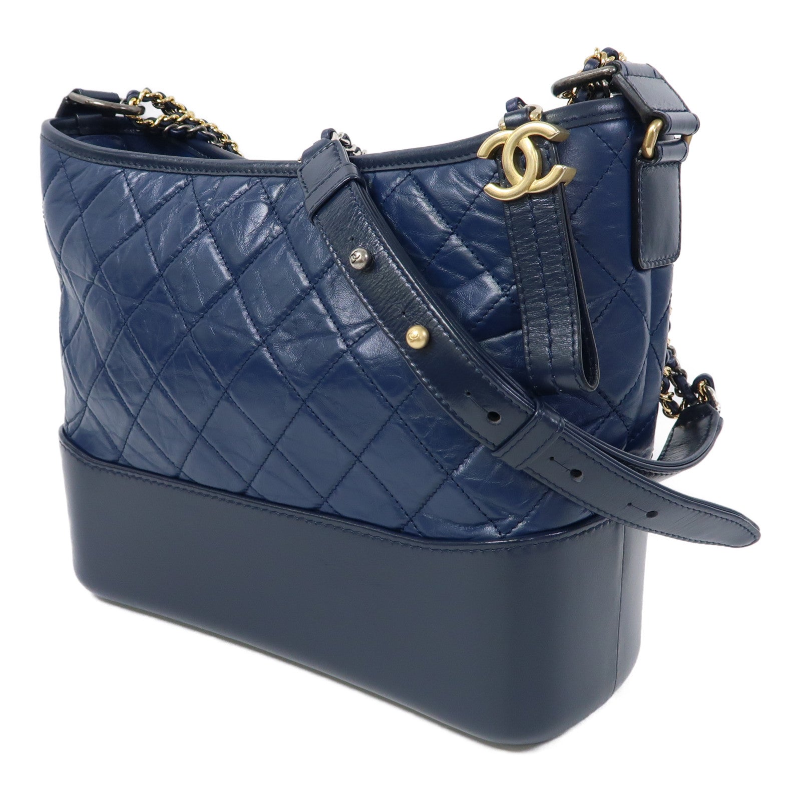CHANEL 菱格牛皮皮革Gabrielle Large鏈帶肩背袋深藍色