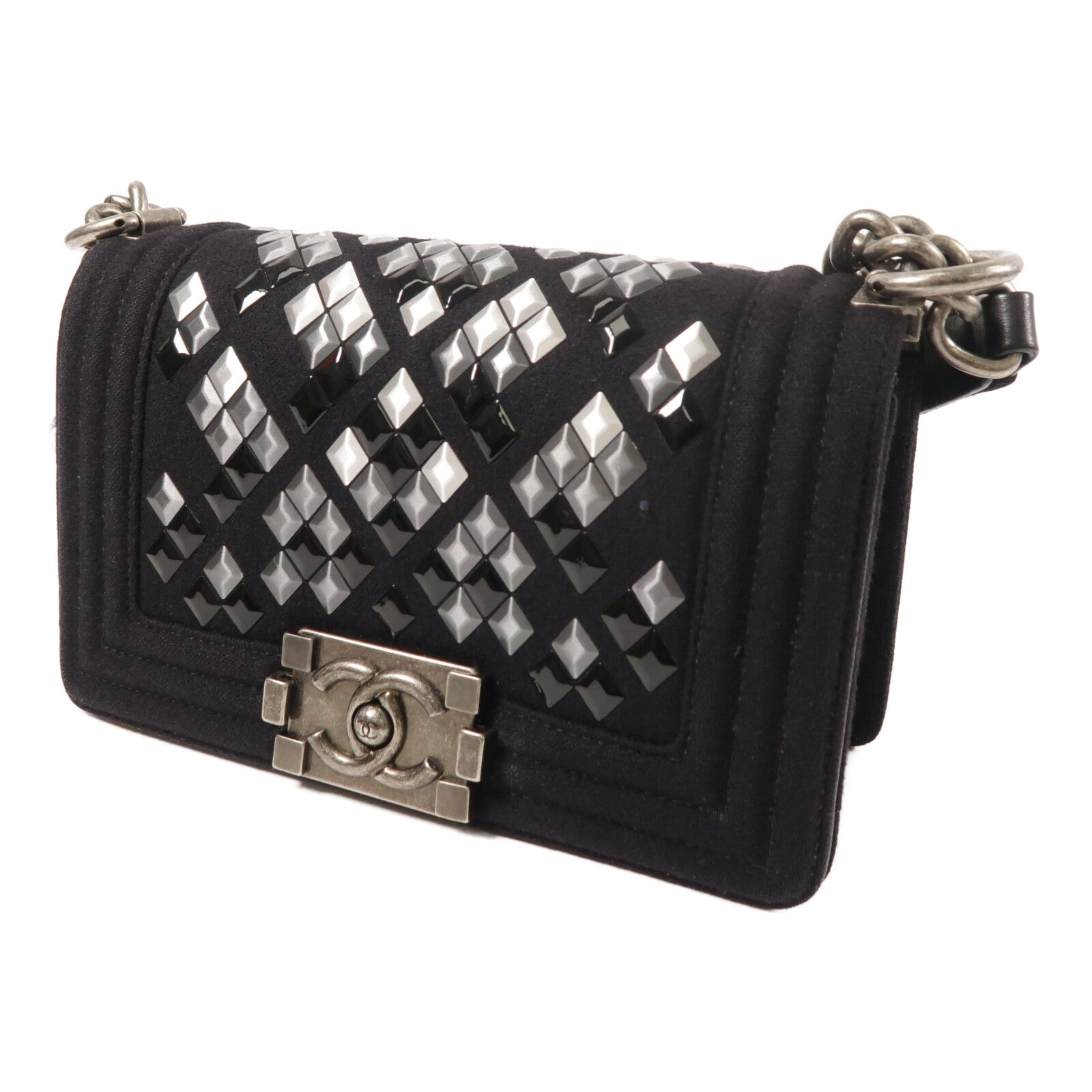 CHANEL 羊毛Mosaic Boy 20銀扣鏈帶肩背袋