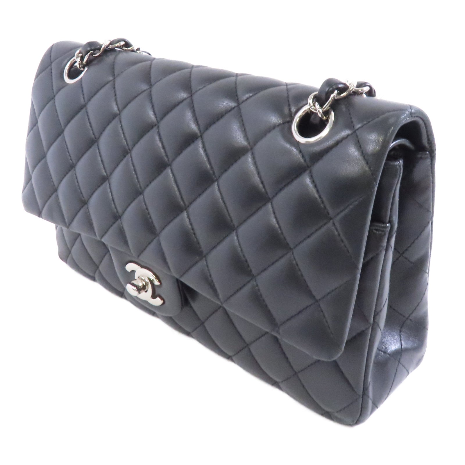 CHANEL 菱格羊皮皮革Classic Flap 25銀扣鏈帶肩背袋黑色