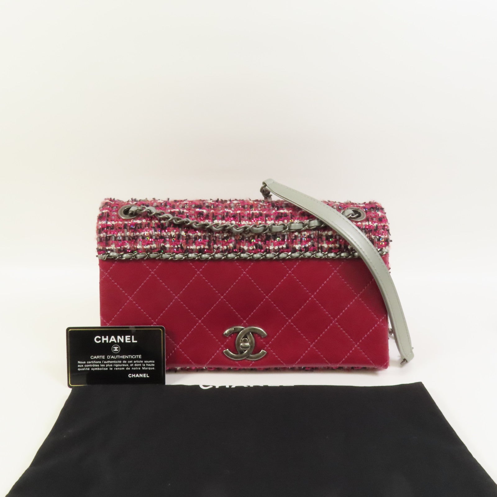 CHANEL 【激減優惠】Tweed/牛皮皮革Chain Shoulder Flap Bag銀扣鏈帶肩背袋