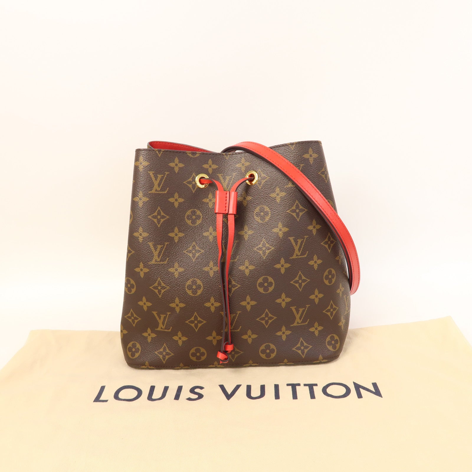 LOUIS VUITTON Monogram Neo Noe MM金扣肩背袋啡色/紅色